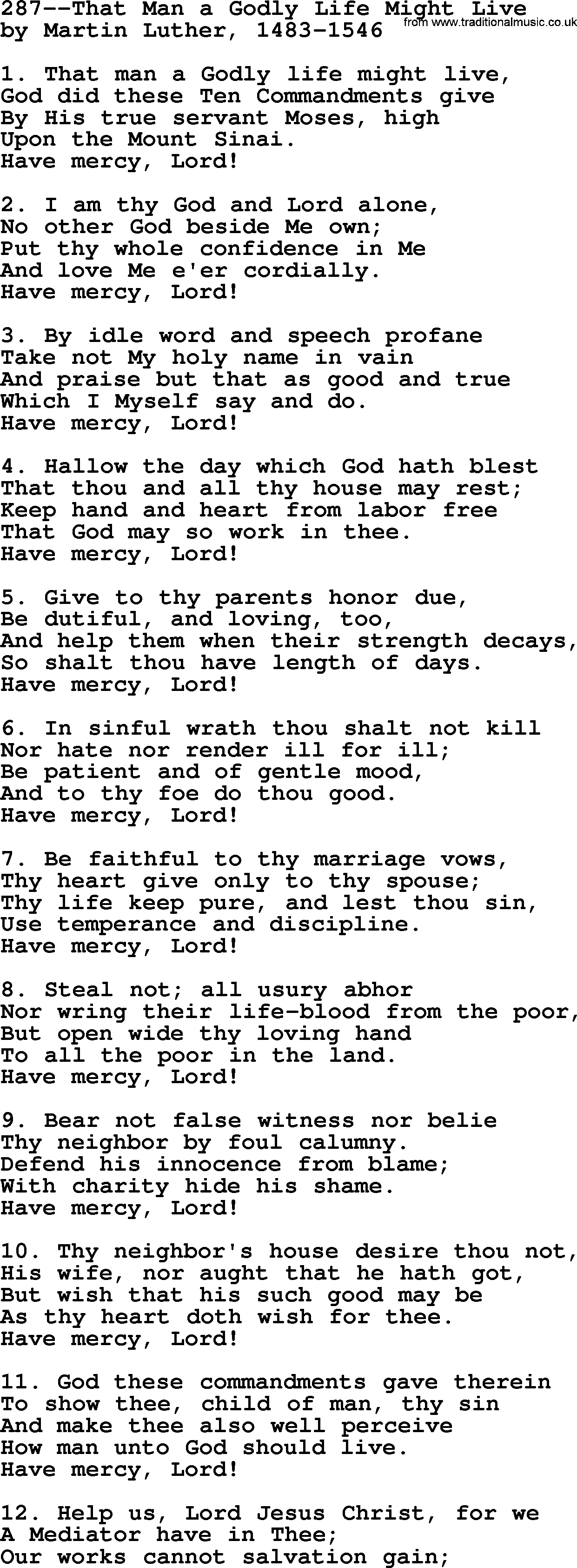 Lutheran Hymn: 287--That Man a Godly Life Might Live.txt lyrics with PDF