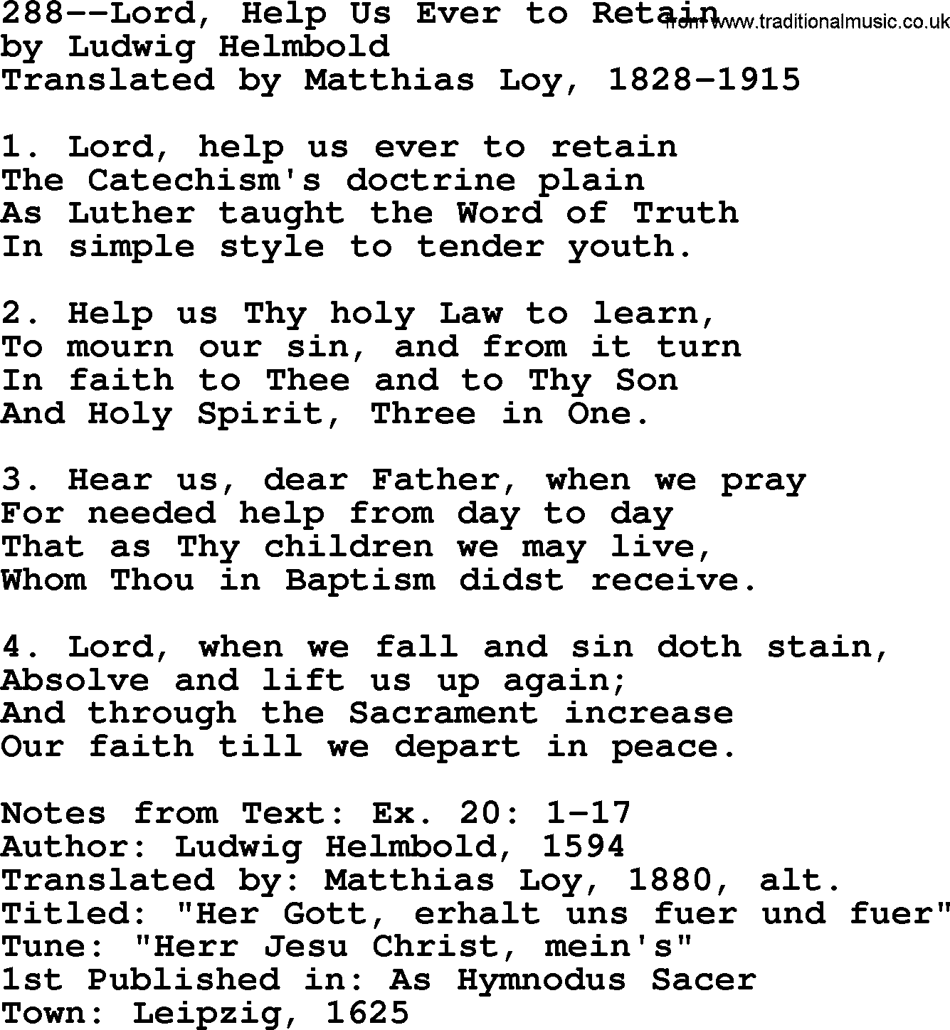 Lutheran Hymn: 288--Lord, Help Us Ever to Retain.txt lyrics with PDF