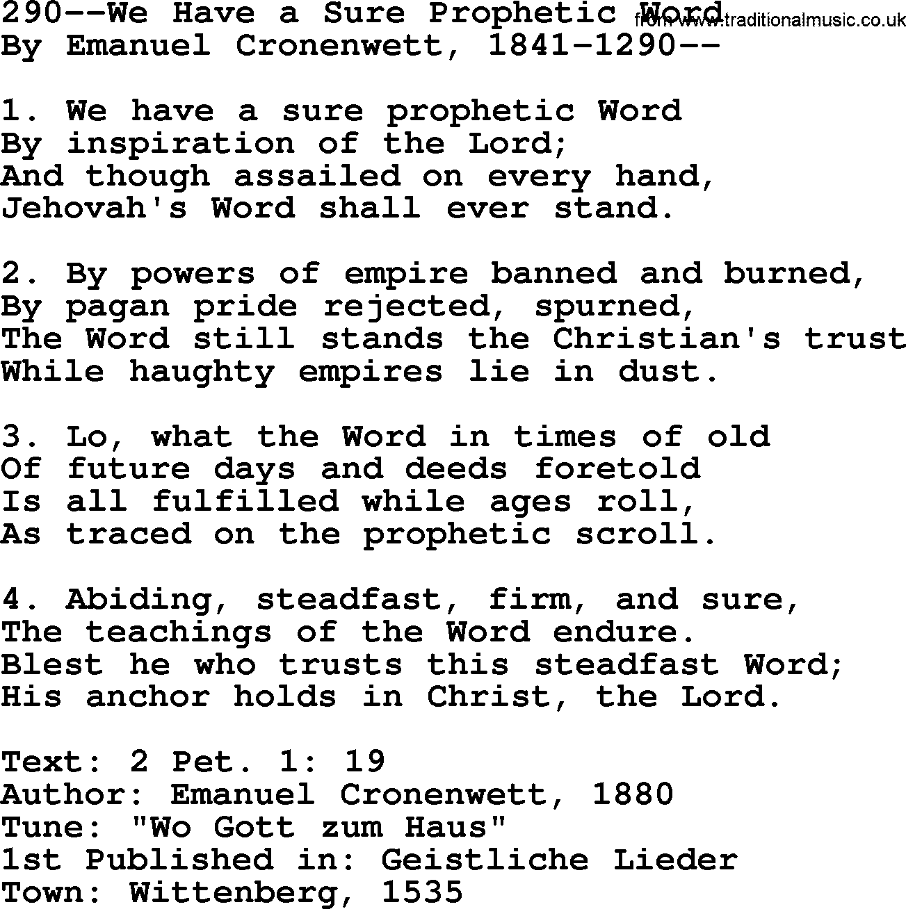 Lutheran Hymn: 290--We Have a Sure Prophetic Word.txt lyrics with PDF