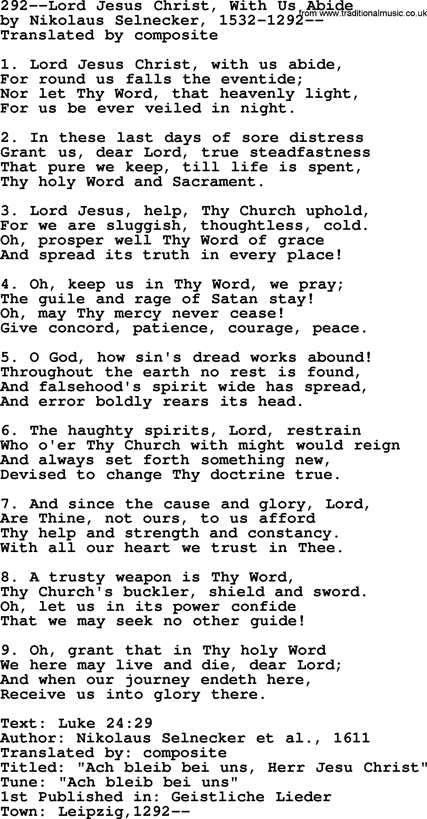 Lutheran Hymn: 292--Lord Jesus Christ, With Us Abide.txt lyrics with PDF