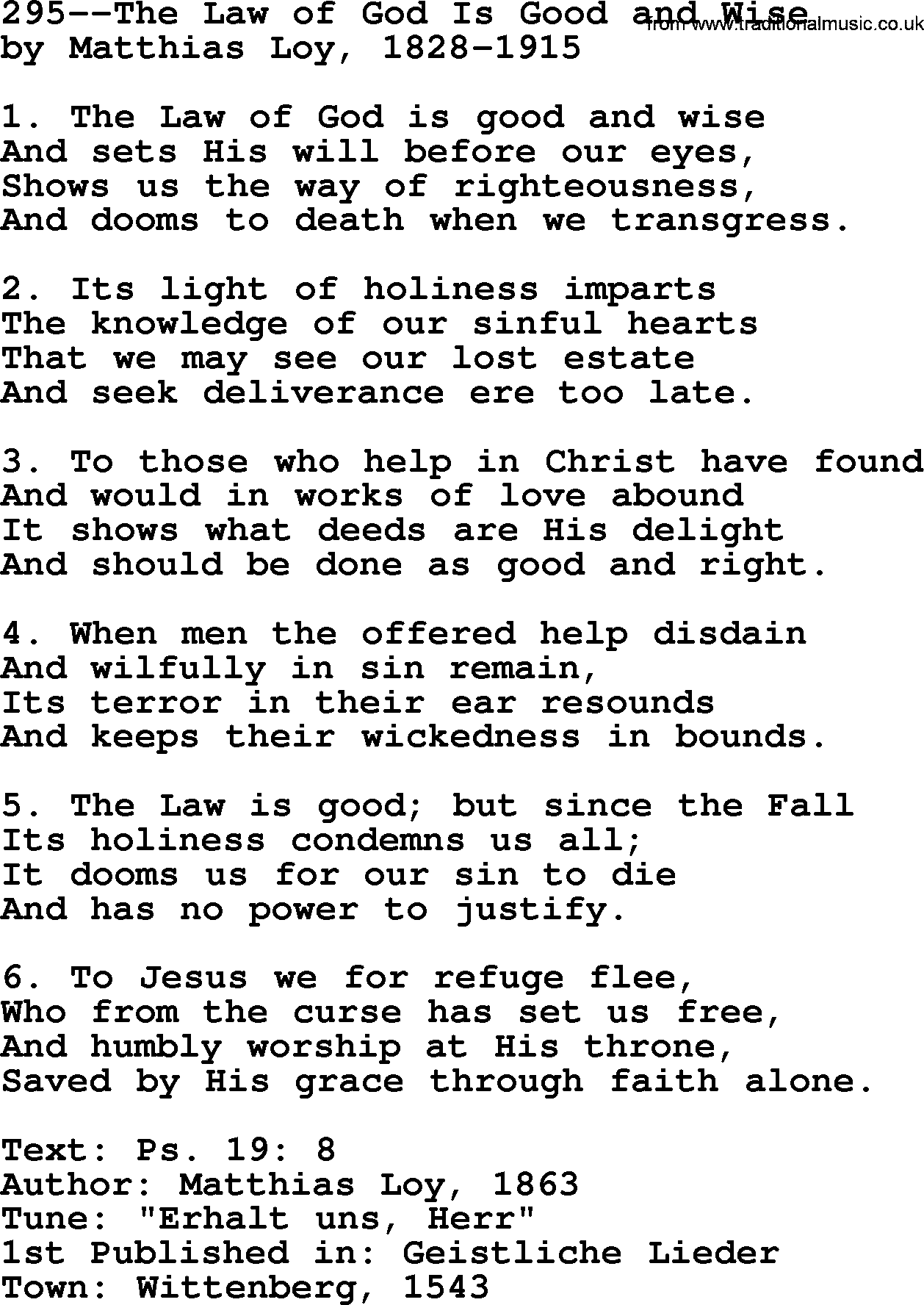 Lutheran Hymn: 295--The Law of God Is Good and Wise.txt lyrics with PDF