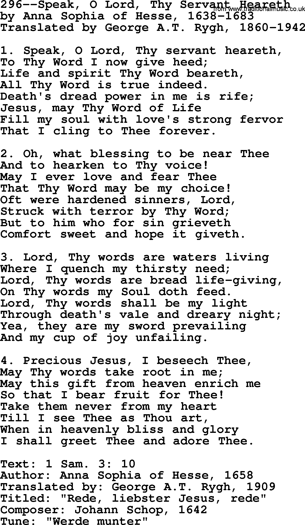 Lutheran Hymn: 296--Speak, O Lord, Thy Servant Heareth.txt lyrics with PDF