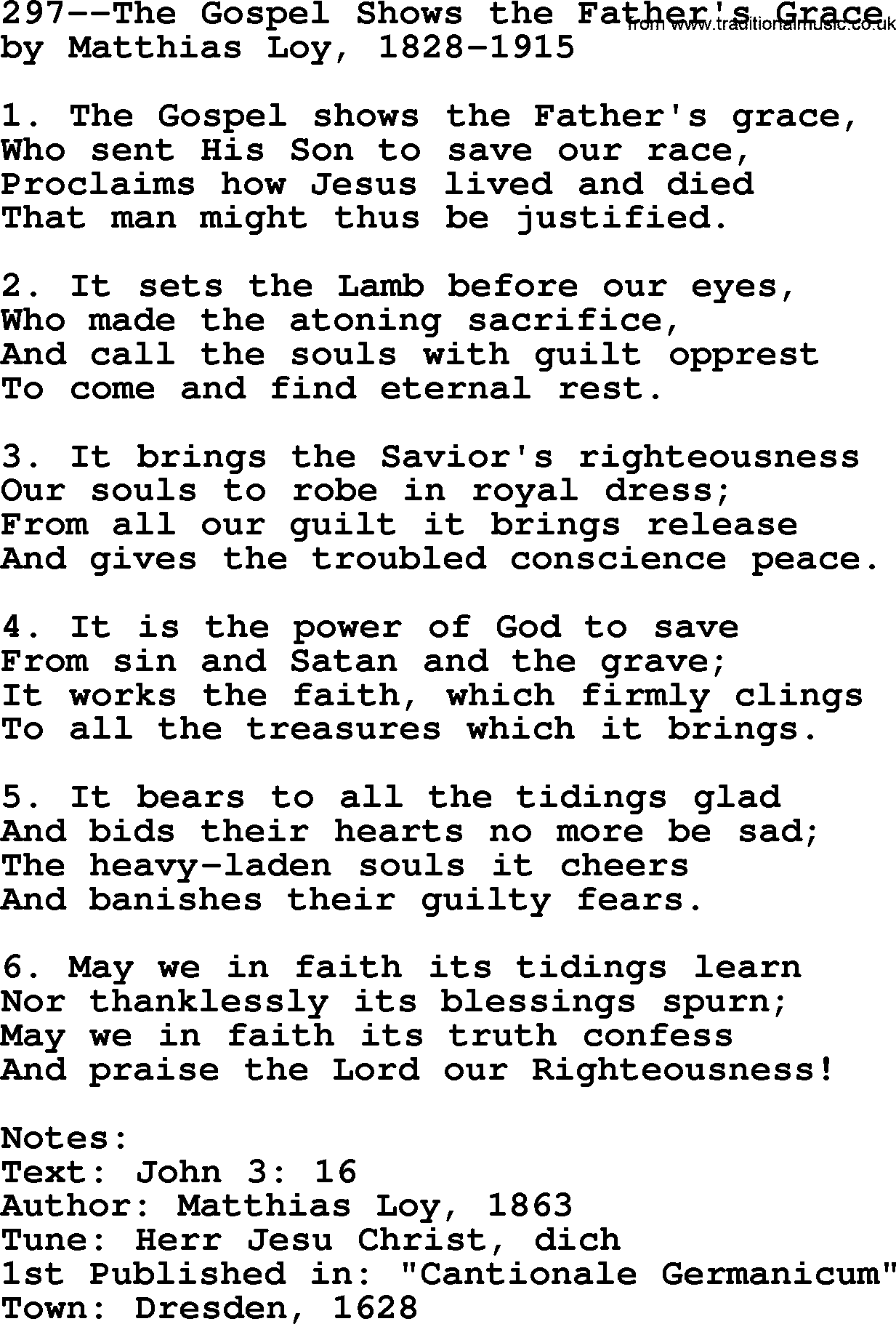 Lutheran Hymn: 297--The Gospel Shows the Father's Grace.txt lyrics with PDF