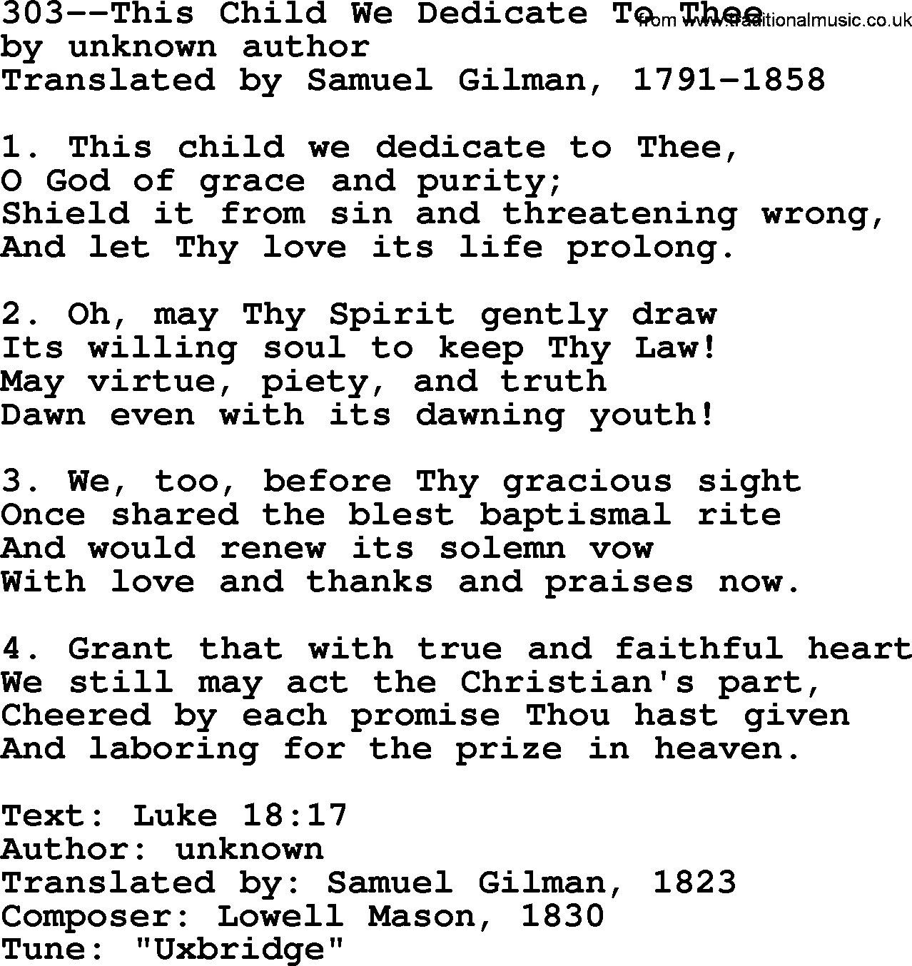 Lutheran Hymn: 303--This Child We Dedicate To Thee.txt lyrics with PDF