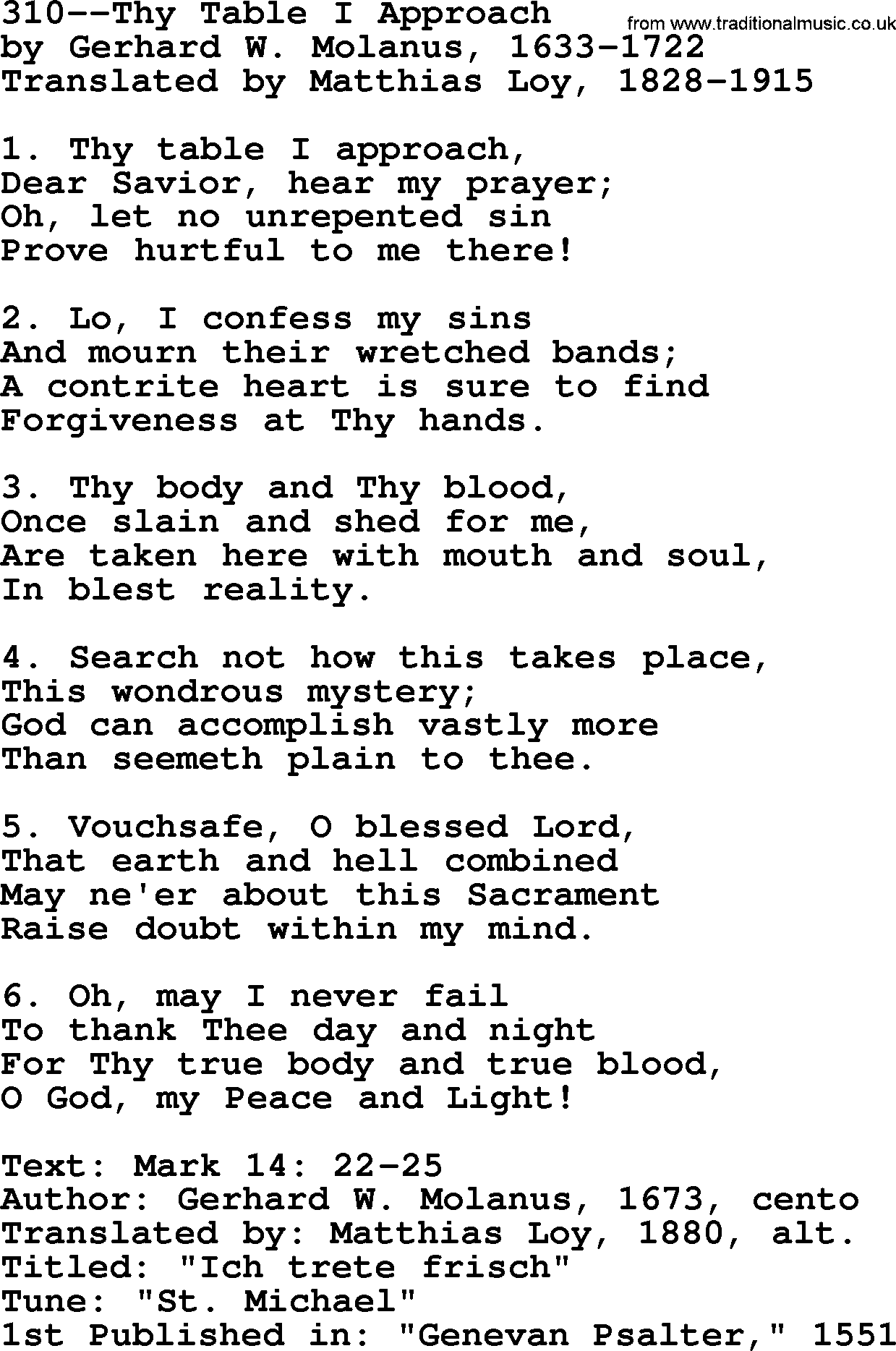 Lutheran Hymn: 310--Thy Table I Approach.txt lyrics with PDF
