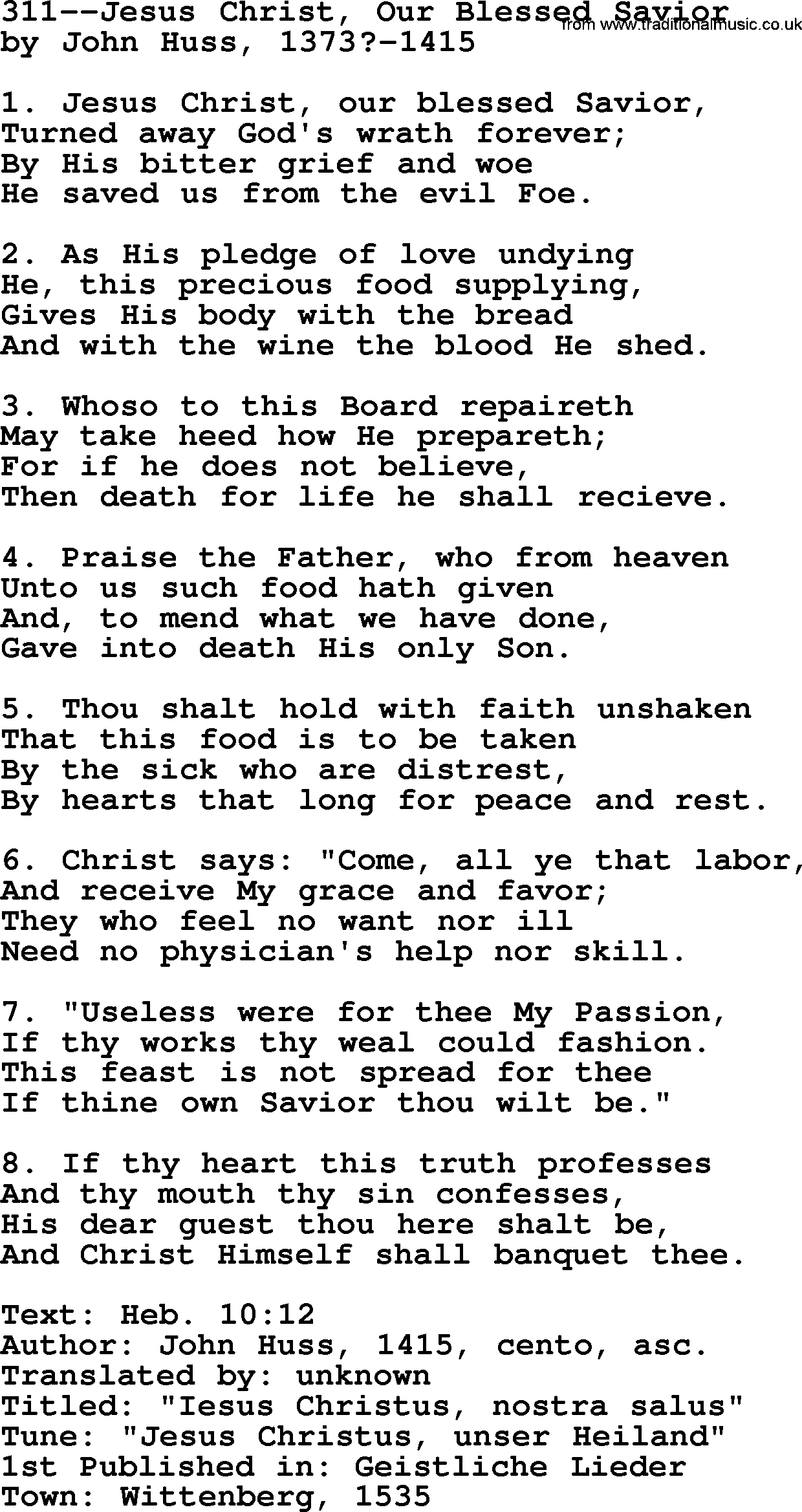 Lutheran Hymn: 311--Jesus Christ, Our Blessed Savior.txt lyrics with PDF