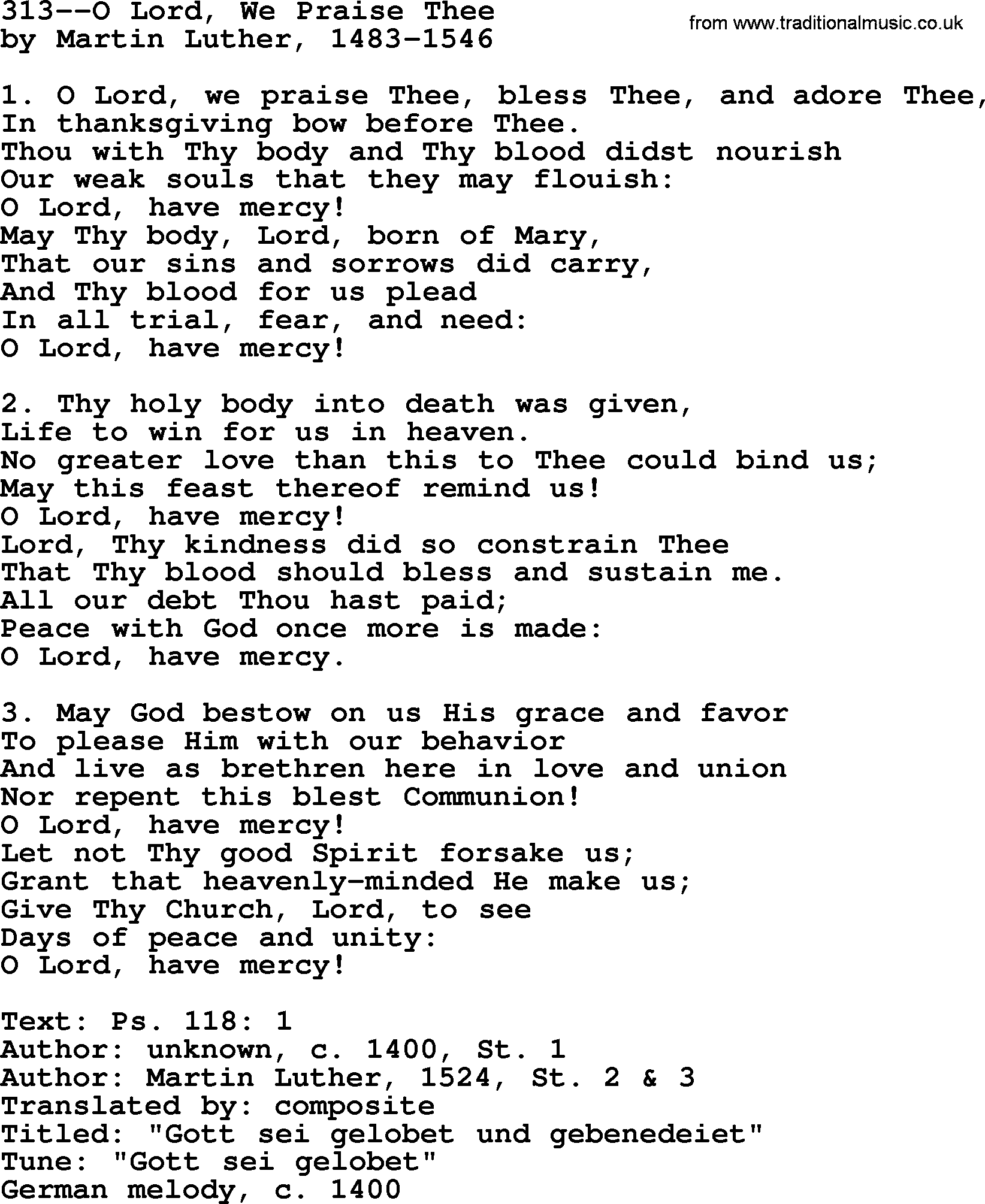 Lutheran Hymn: 313--O Lord, We Praise Thee.txt lyrics with PDF