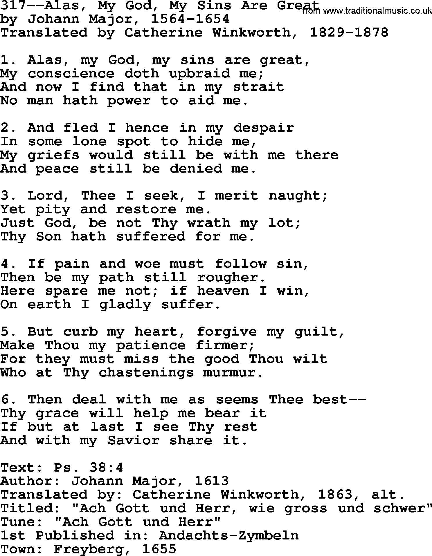 Lutheran Hymn: 317--Alas, My God, My Sins Are Great.txt lyrics with PDF