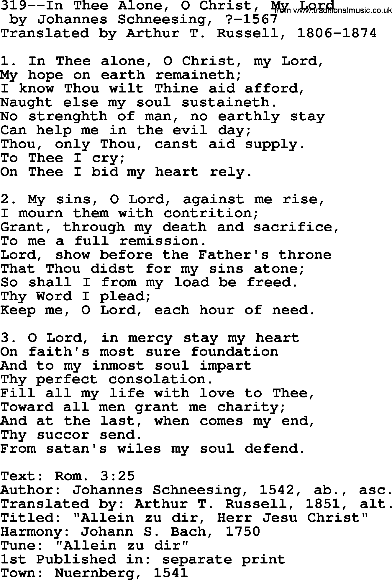 Lutheran Hymn: 319--In Thee Alone, O Christ, My Lord.txt lyrics with PDF
