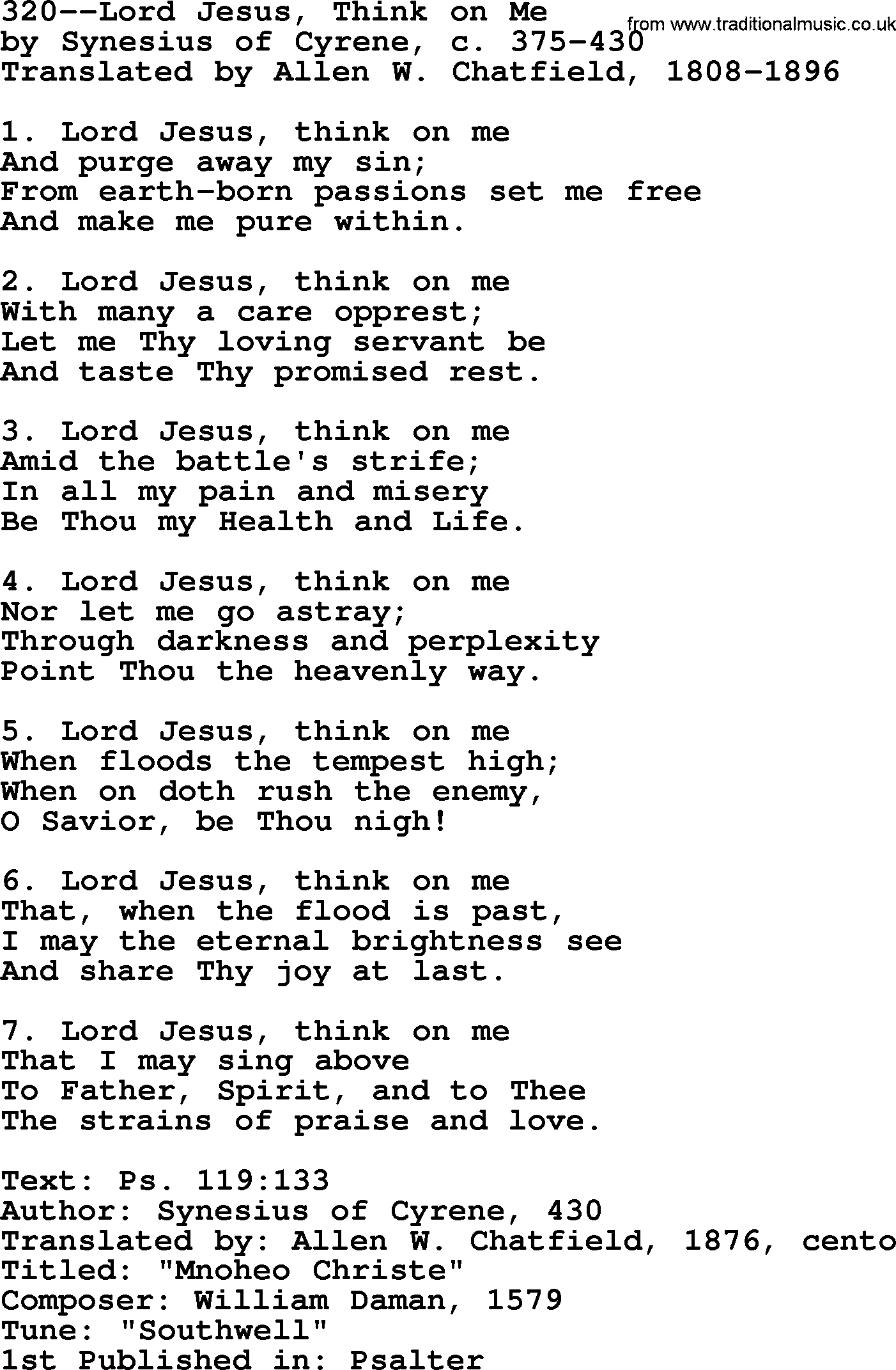 Lutheran Hymn: 320--Lord Jesus, Think on Me.txt lyrics with PDF