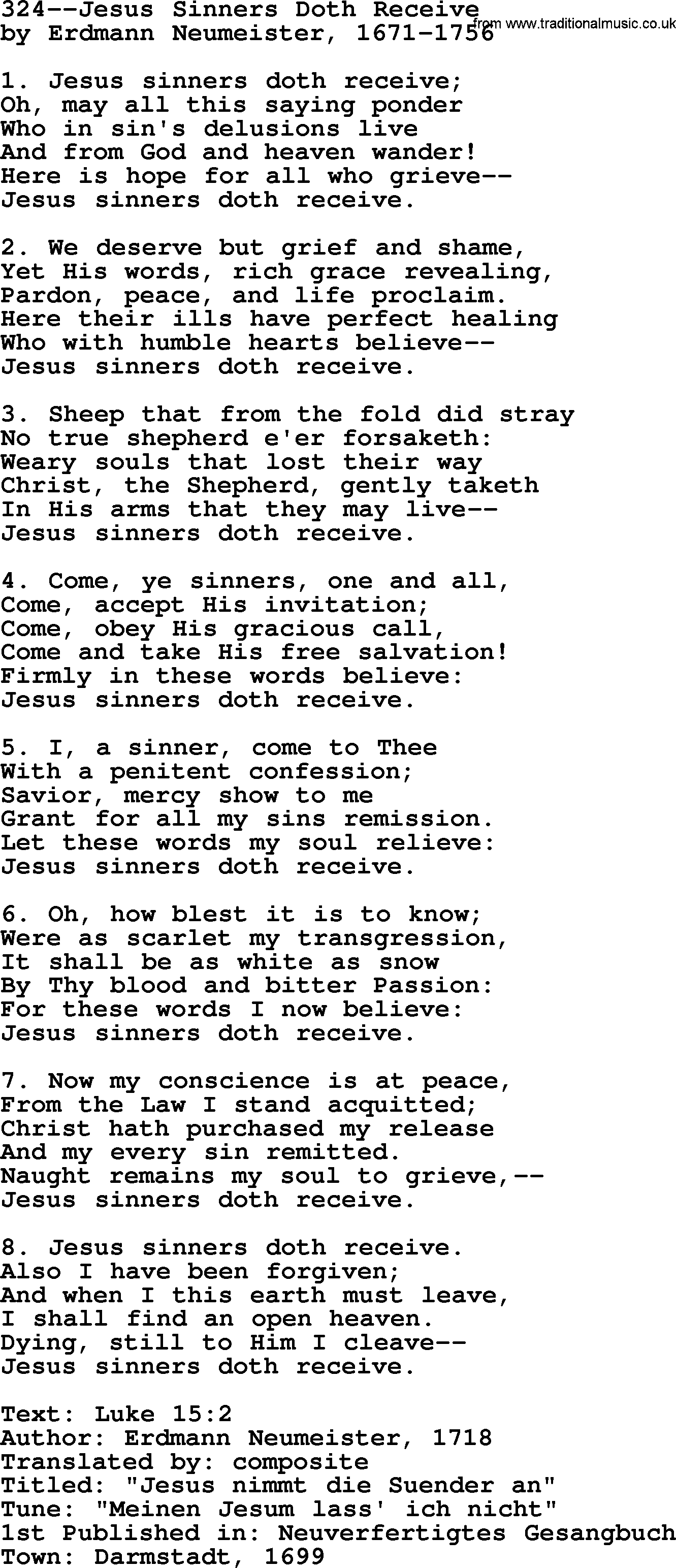 Lutheran Hymn: 324--Jesus Sinners Doth Receive.txt lyrics with PDF
