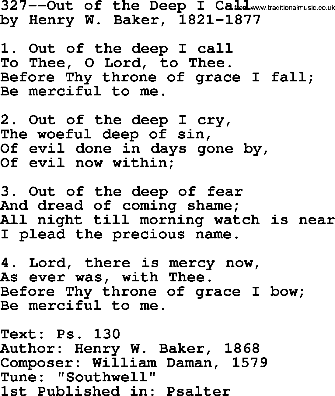 Lutheran Hymn: 327--Out of the Deep I Call.txt lyrics with PDF