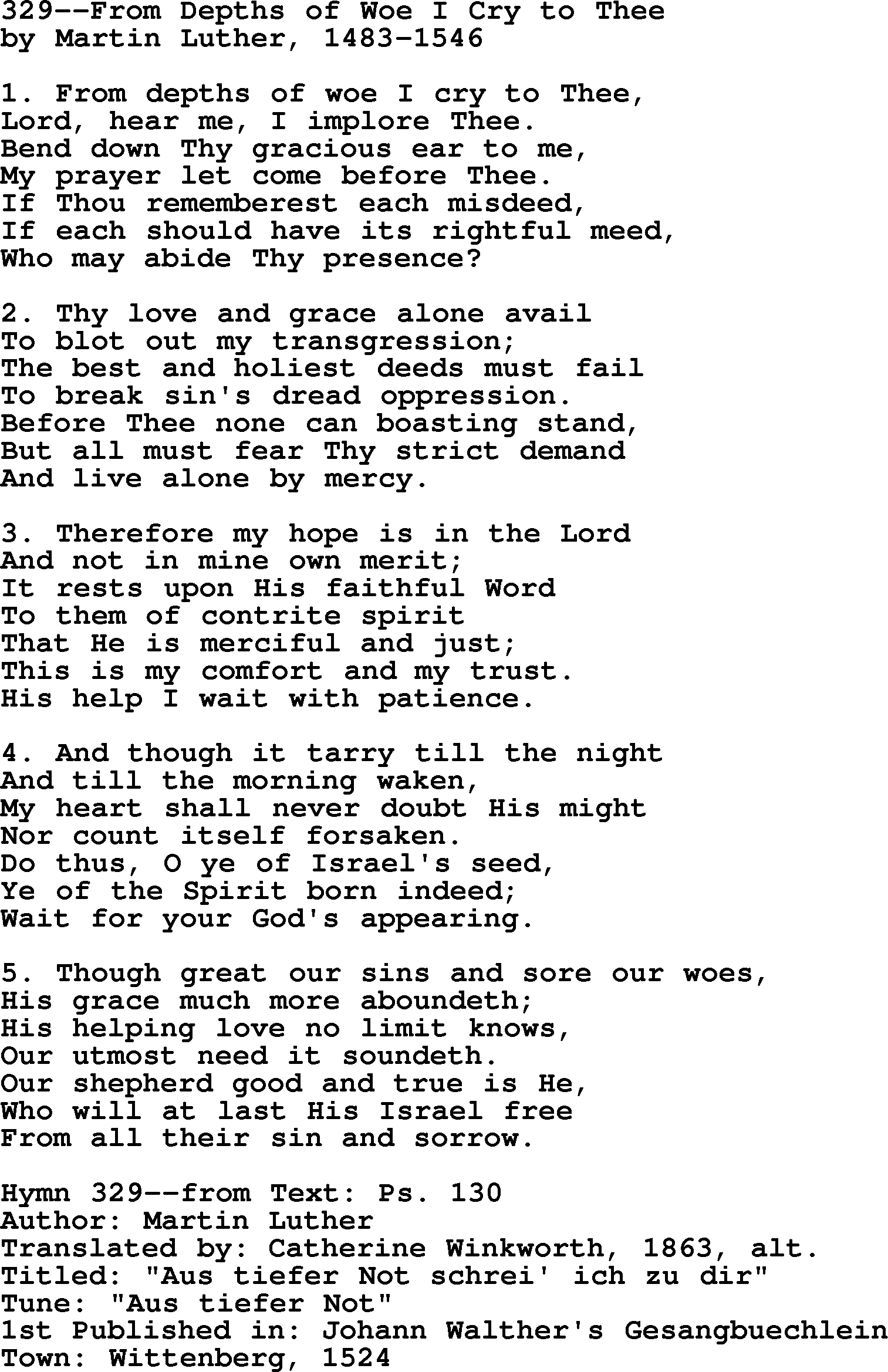 Lutheran Hymn: 329--From Depths of Woe I Cry to Thee.txt lyrics with PDF