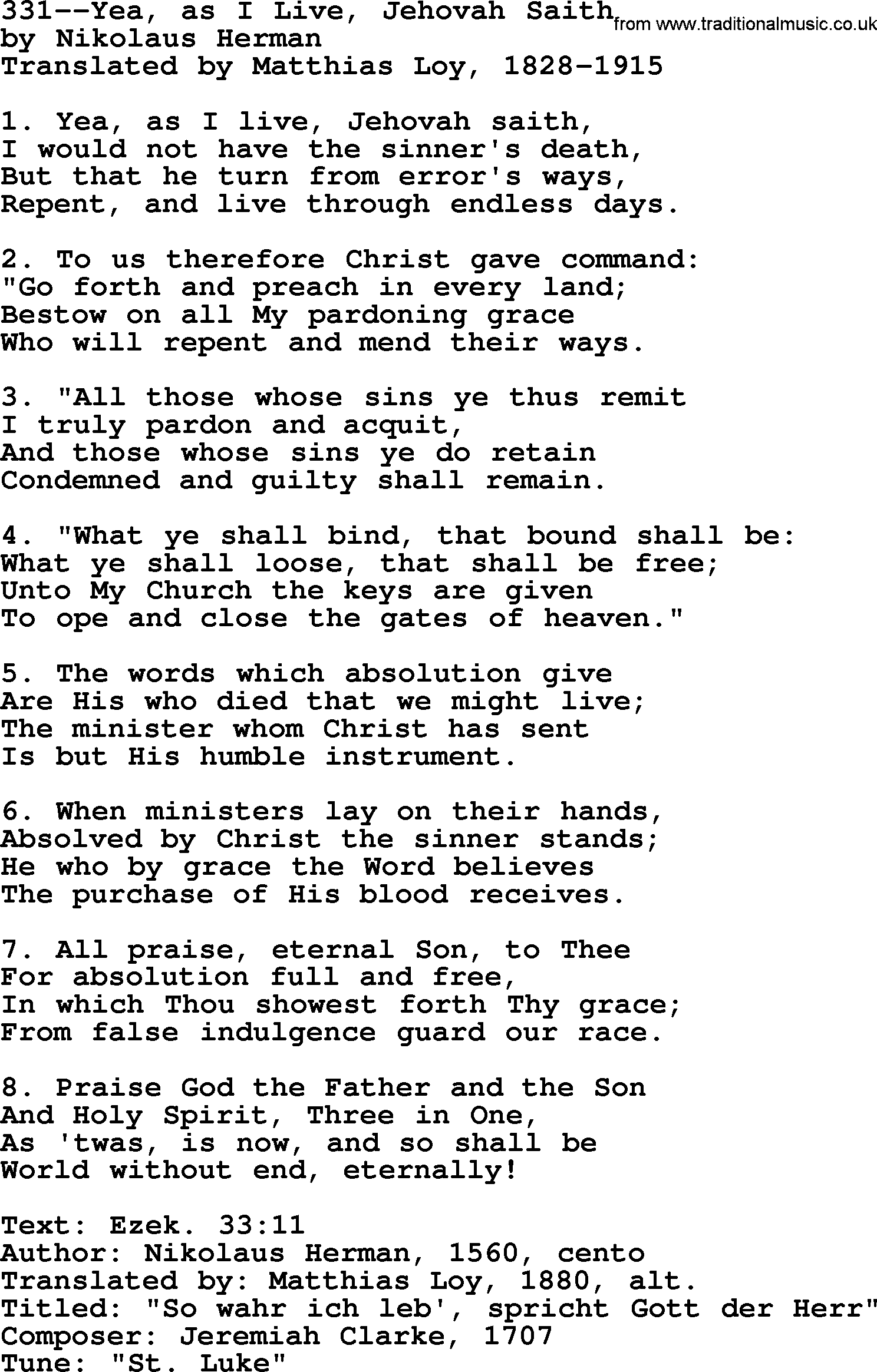 Lutheran Hymn: 331--Yea, as I Live, Jehovah Saith.txt lyrics with PDF