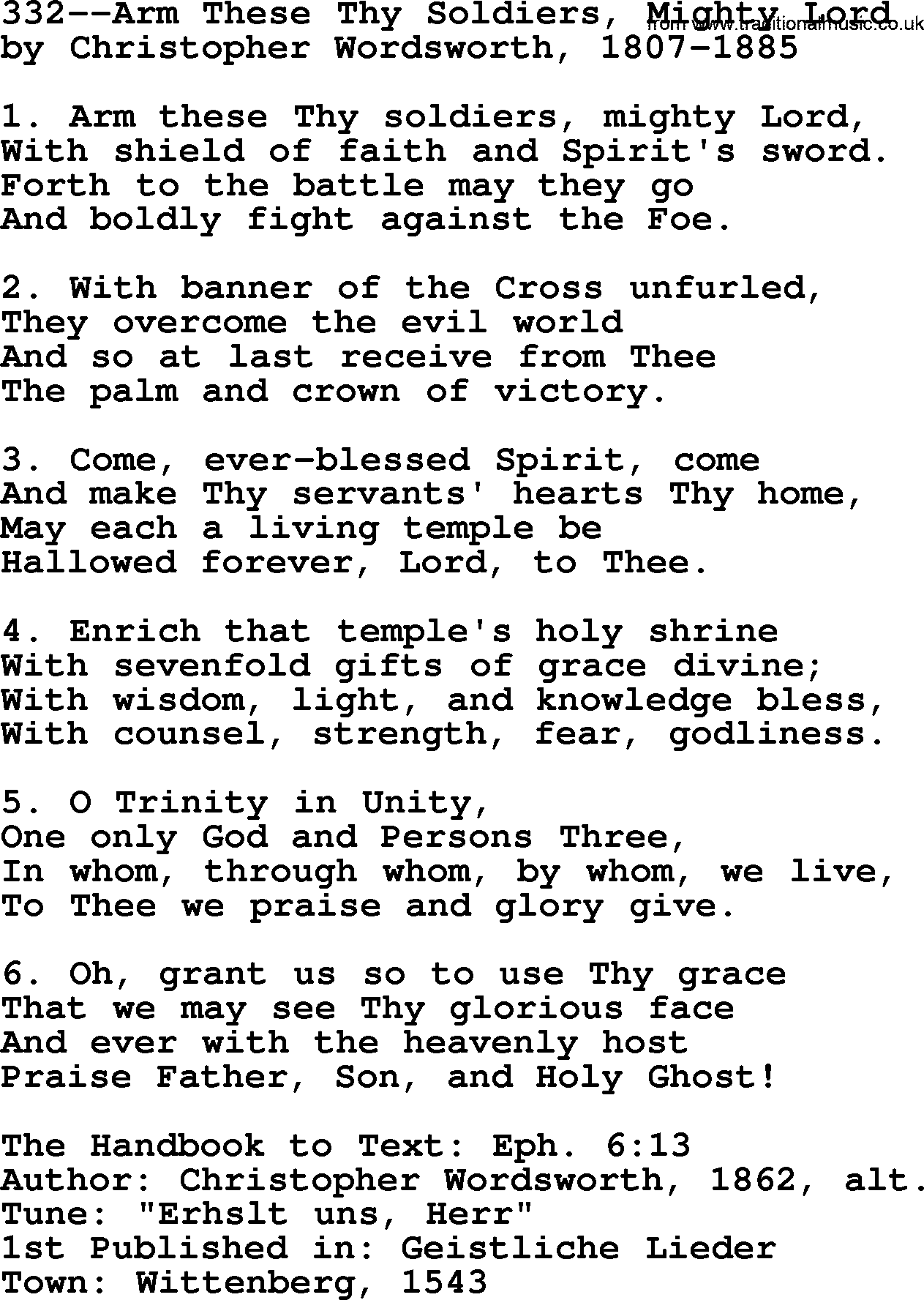 Lutheran Hymn: 332--Arm These Thy Soldiers, Mighty Lord.txt lyrics with PDF