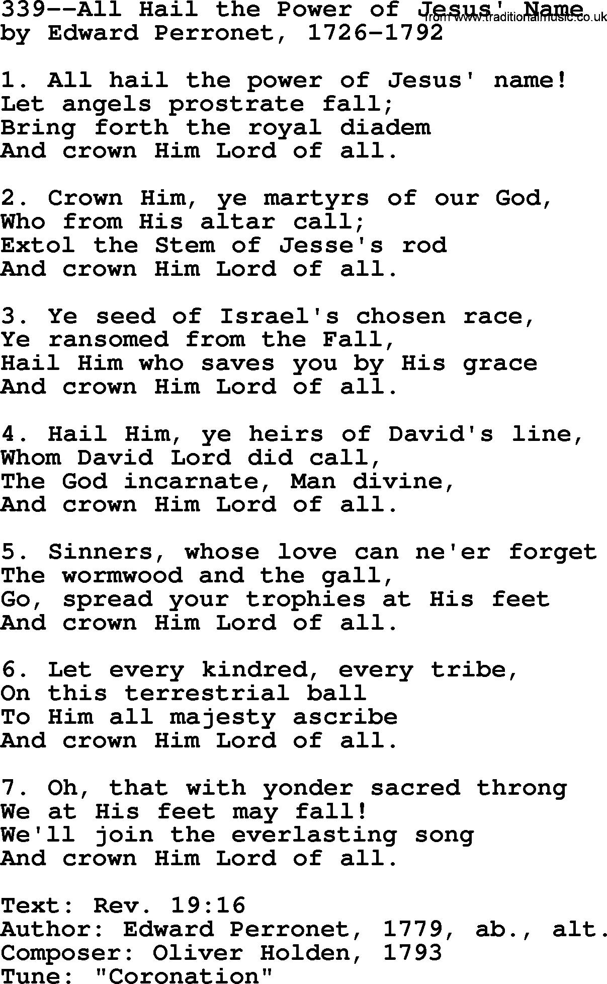 Lutheran Hymn: 339--All Hail the Power of Jesus' Name.txt lyrics with PDF