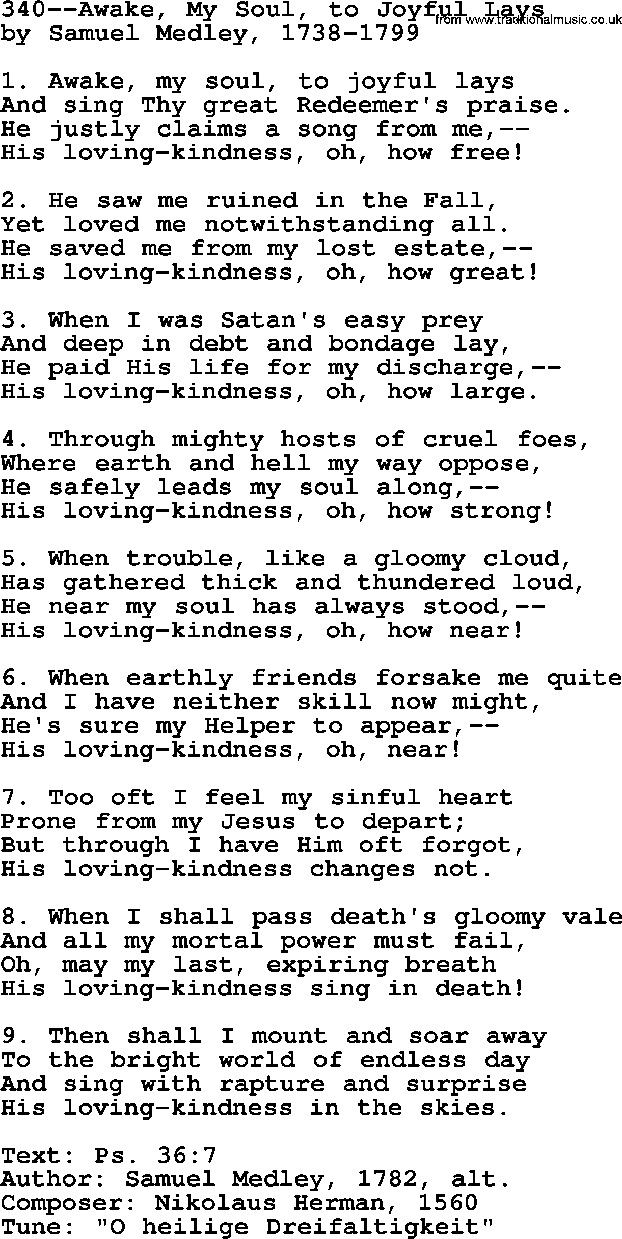 Lutheran Hymn: 340--Awake, My Soul, to Joyful Lays.txt lyrics with PDF