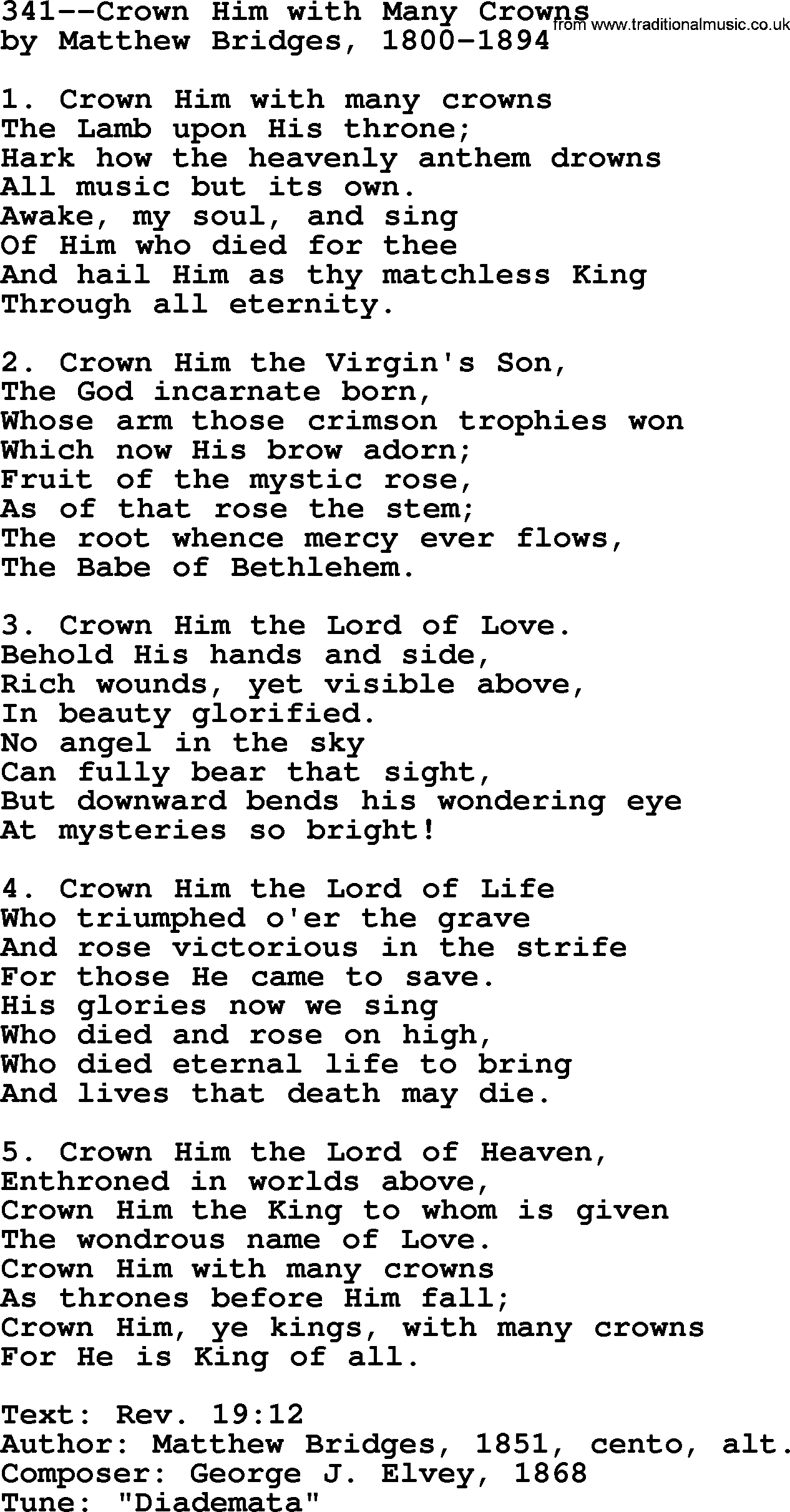 Lutheran Hymn: 341--Crown Him with Many Crowns.txt lyrics with PDF