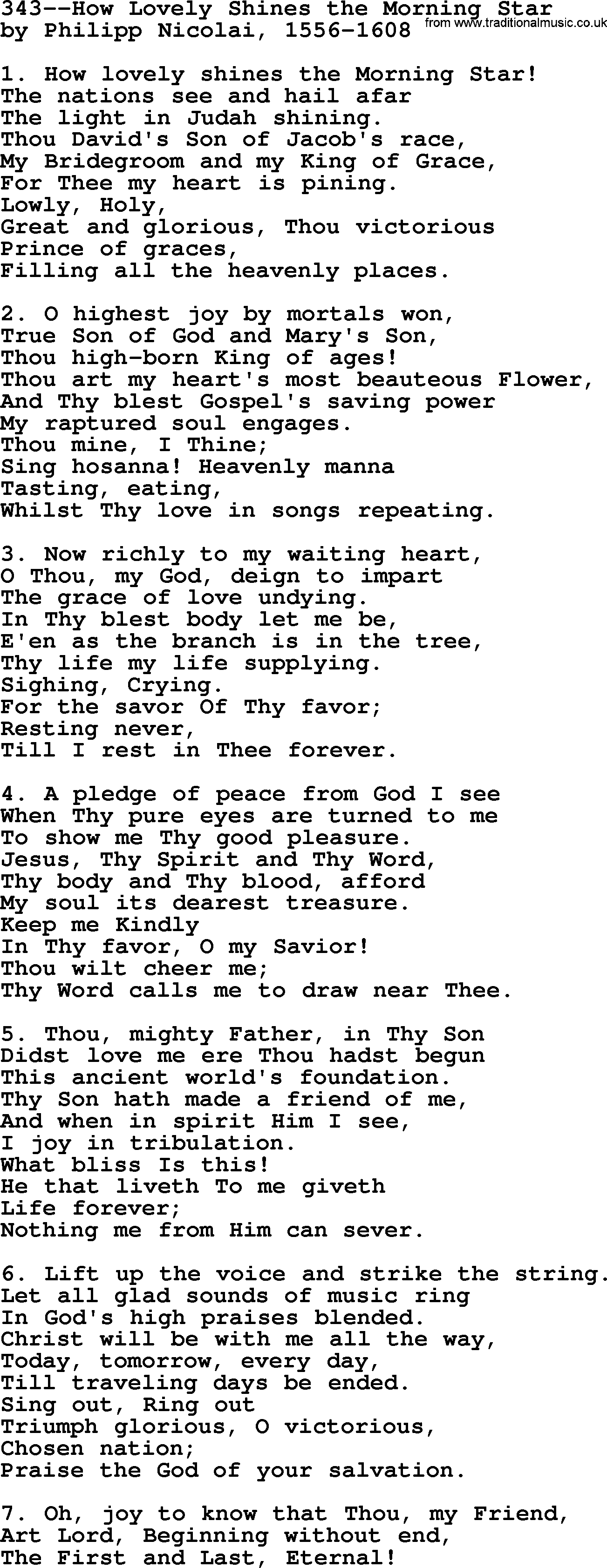 Lutheran Hymn: 343--How Lovely Shines the Morning Star.txt lyrics with PDF