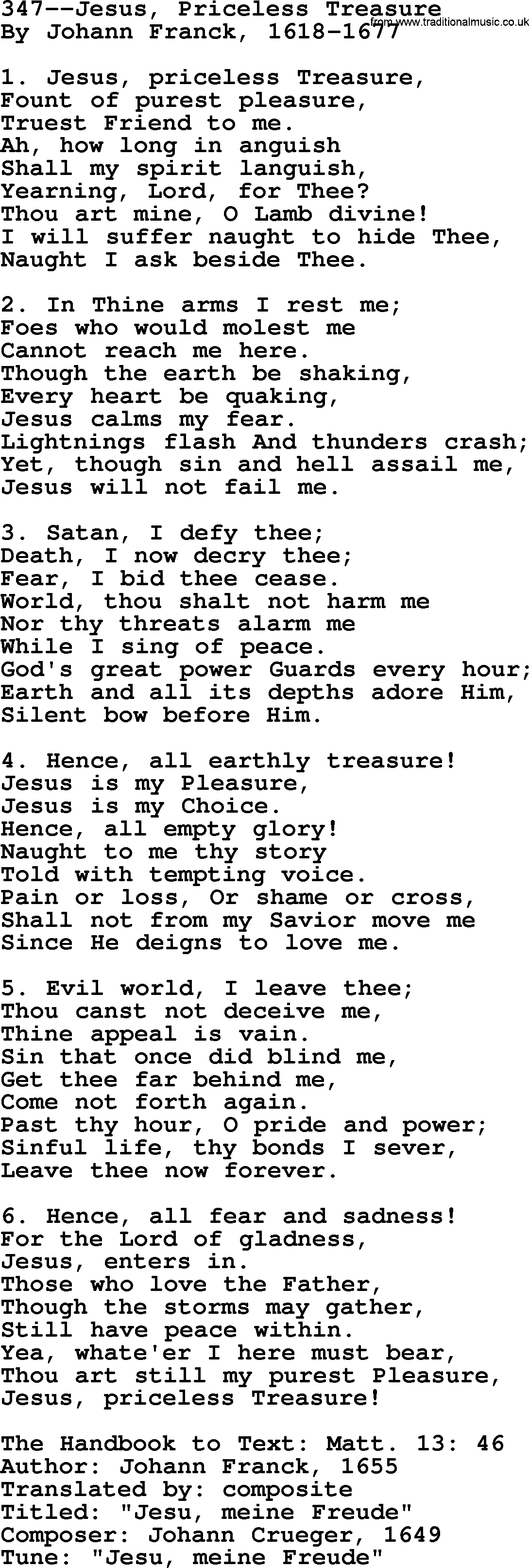 Lutheran Hymn: 347--Jesus, Priceless Treasure.txt lyrics with PDF