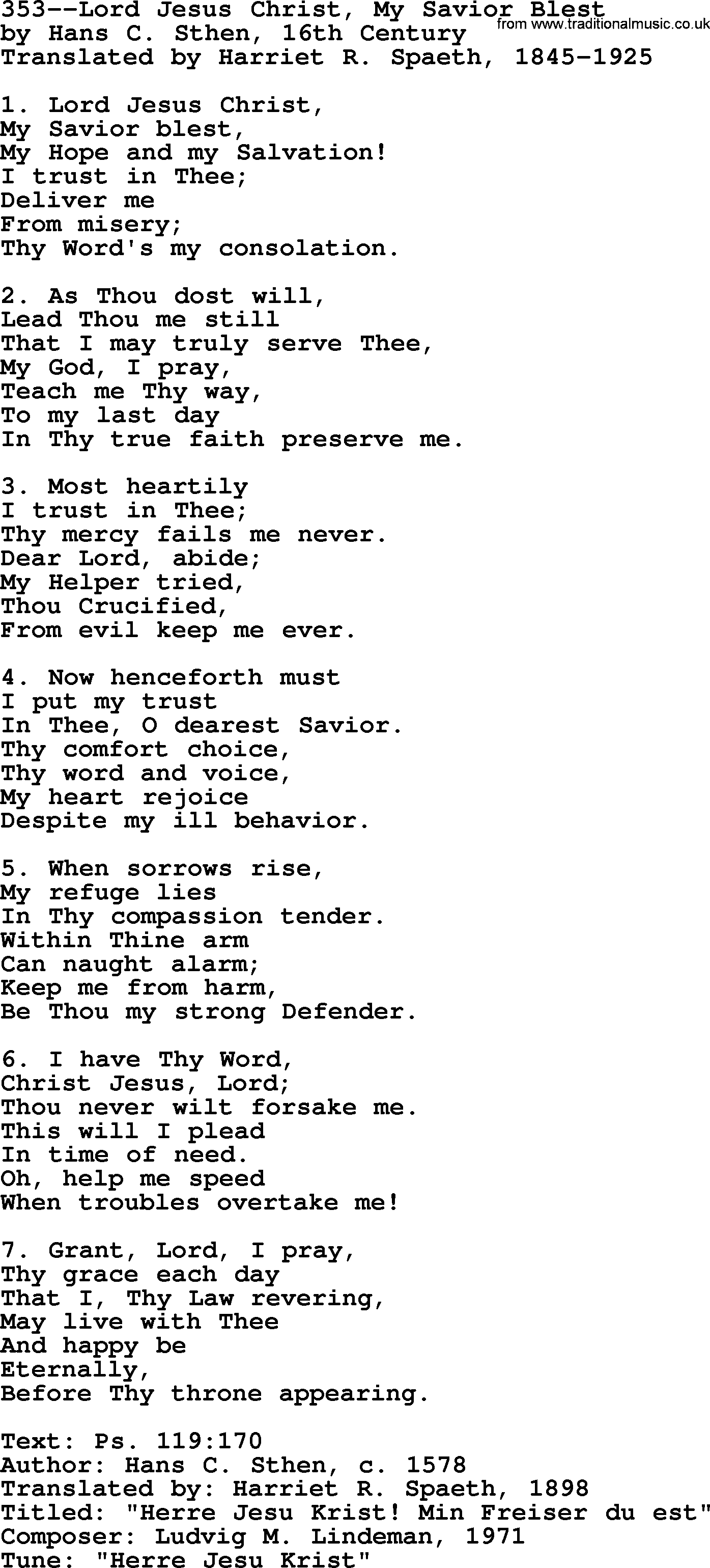 Lutheran Hymn: 353--Lord Jesus Christ, My Savior Blest.txt lyrics with PDF