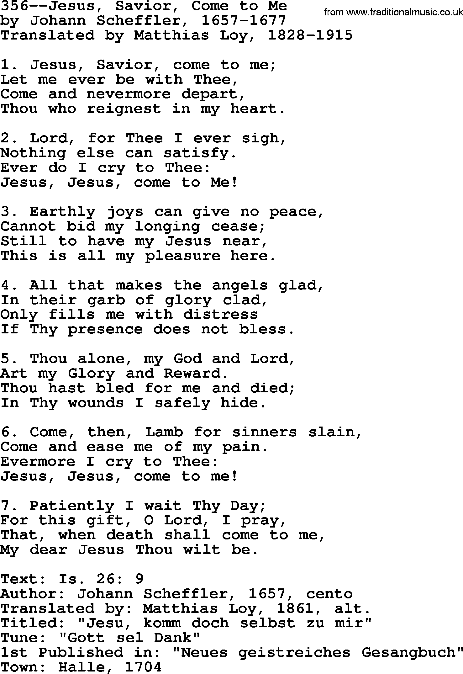 Lutheran Hymn: 356--Jesus, Savior, Come to Me.txt lyrics with PDF