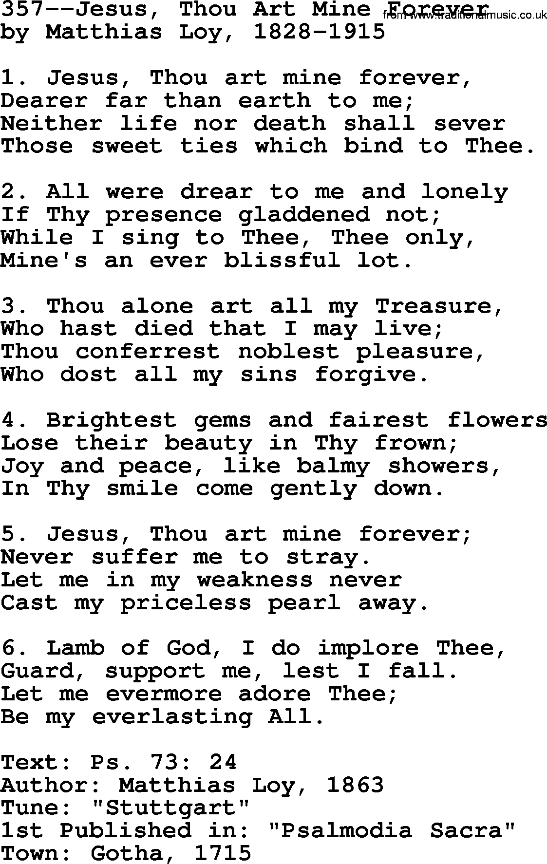 Lutheran Hymn: 357--Jesus, Thou Art Mine Forever.txt lyrics with PDF