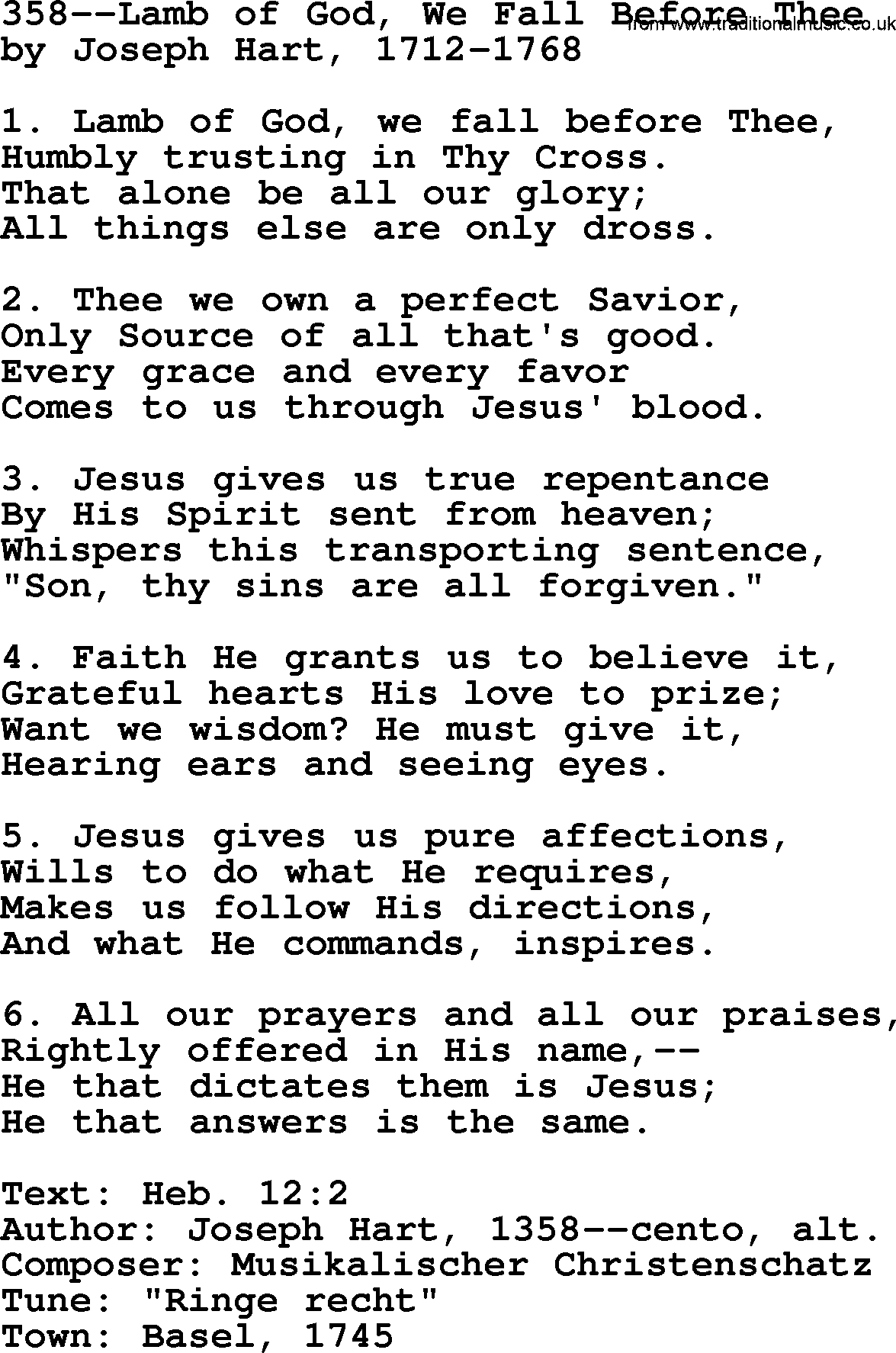 Lutheran Hymn: 358--Lamb of God, We Fall Before Thee.txt lyrics with PDF