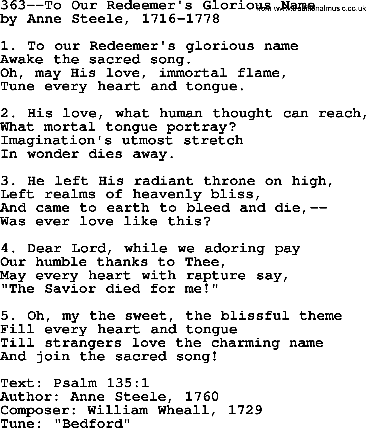 Lutheran Hymn: 363--To Our Redeemer's Glorious Name.txt lyrics with PDF