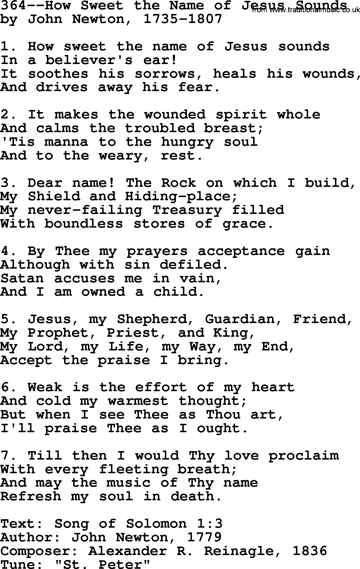 Lutheran Hymn: 364--How Sweet the Name of Jesus Sounds.txt lyrics with PDF