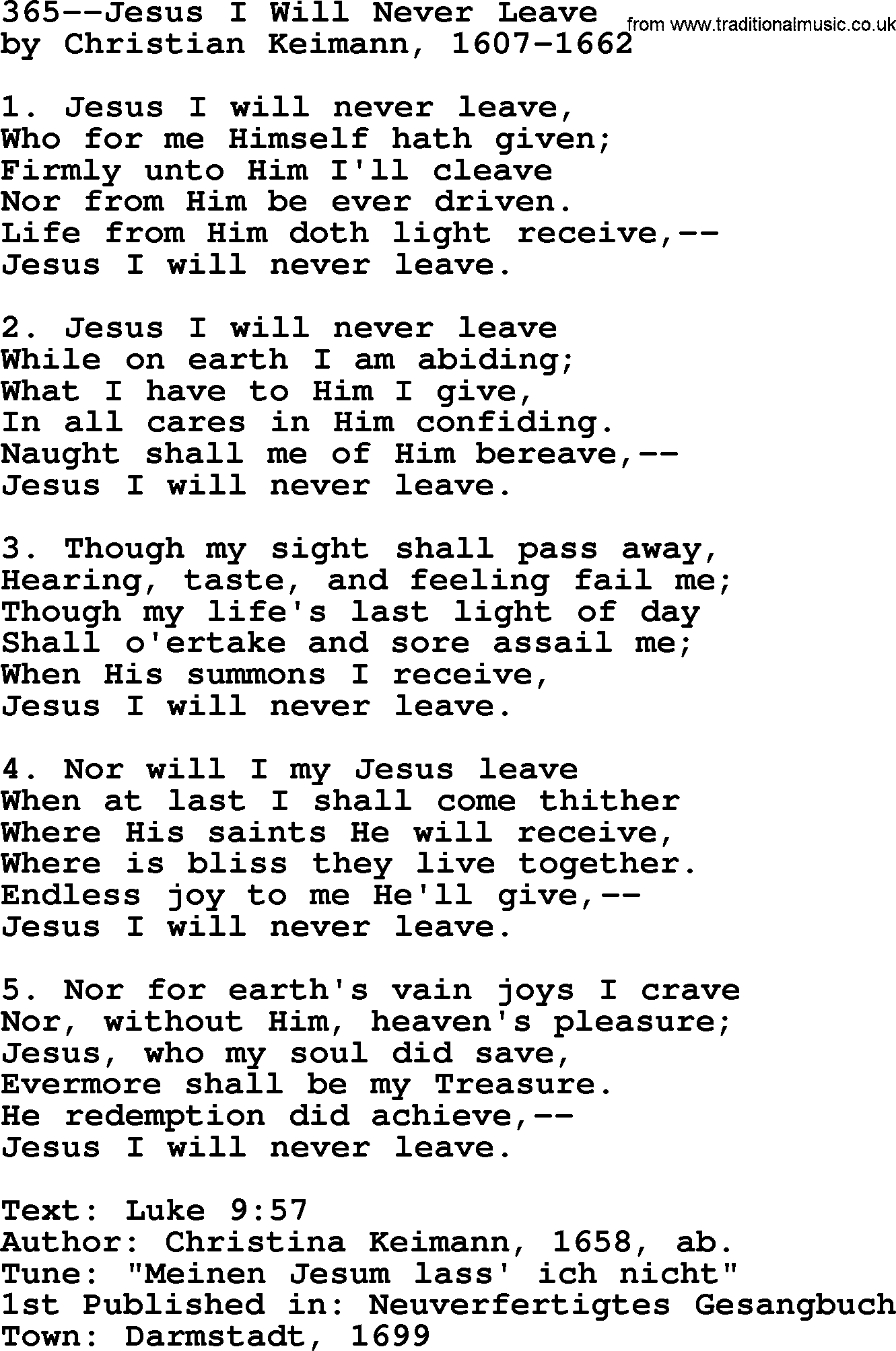 Lutheran Hymn: 365--Jesus I Will Never Leave.txt lyrics with PDF