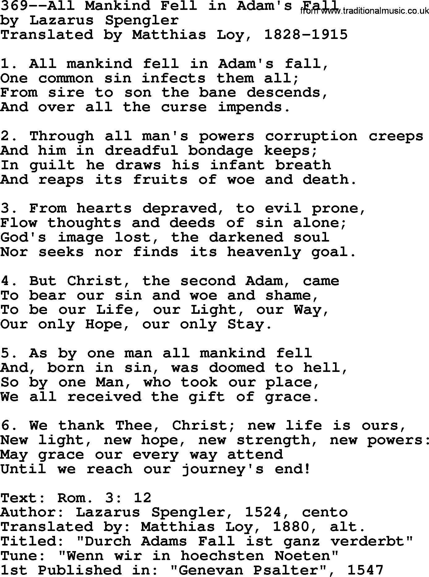 Lutheran Hymn: 369--All Mankind Fell in Adam's Fall.txt lyrics with PDF