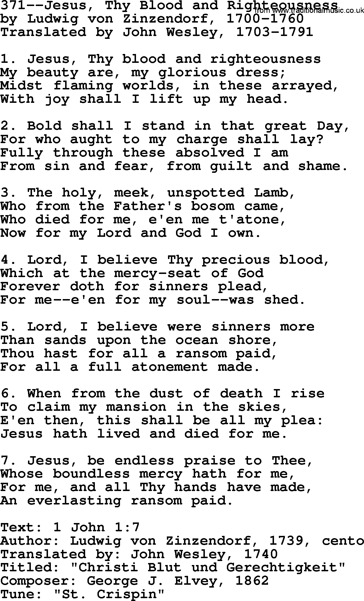 Lutheran Hymn: 371--Jesus, Thy Blood and Righteousness.txt lyrics with PDF