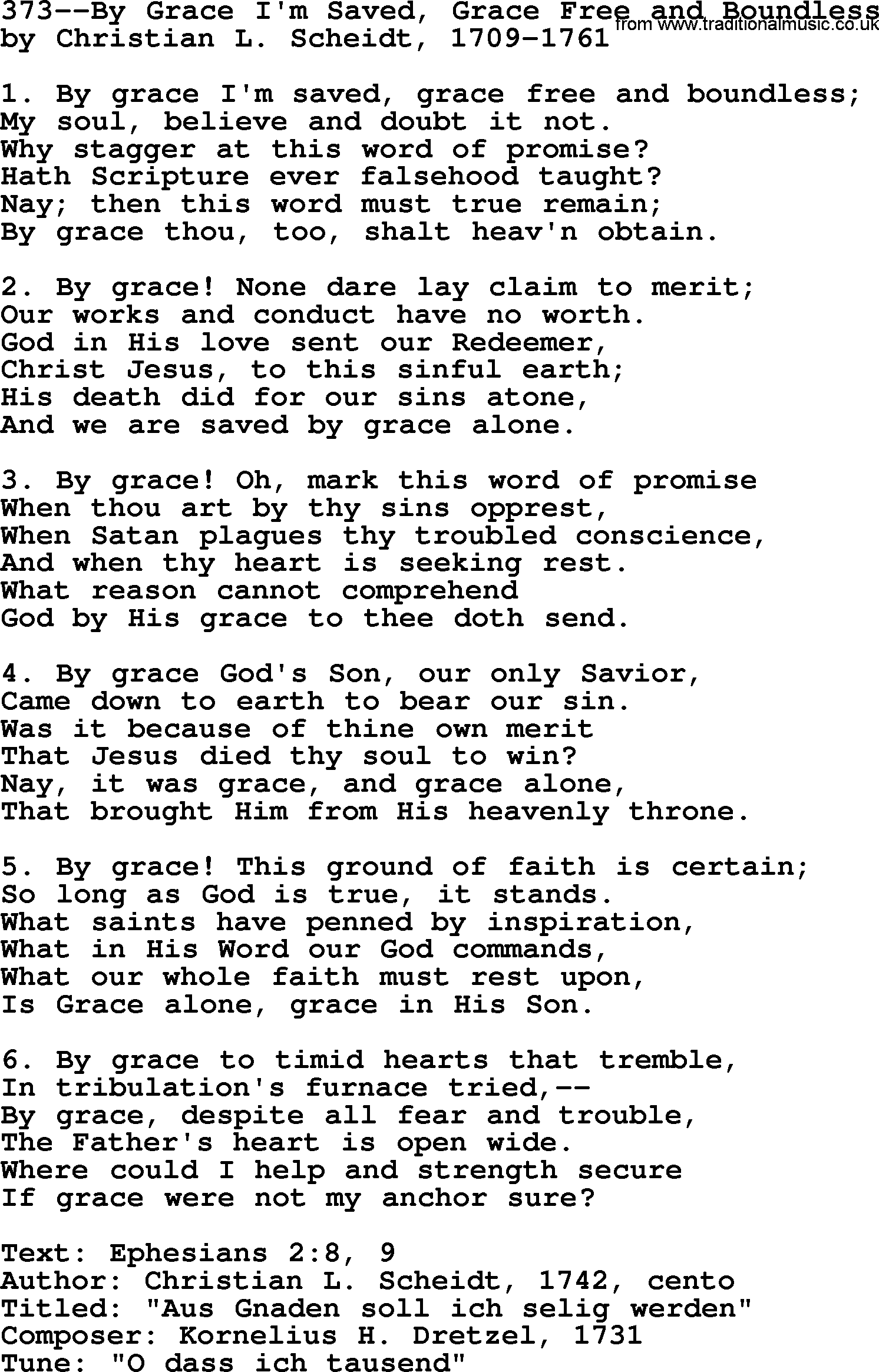 Lutheran Hymn: 373--By Grace I'm Saved, Grace Free and Boundless.txt lyrics with PDF