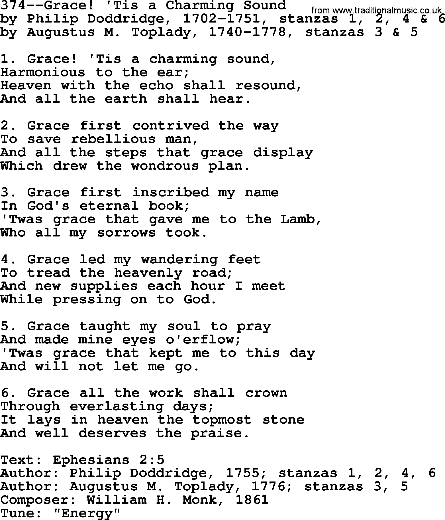 Lutheran Hymn: 374--Grace! 'Tis a Charming Sound.txt lyrics with PDF