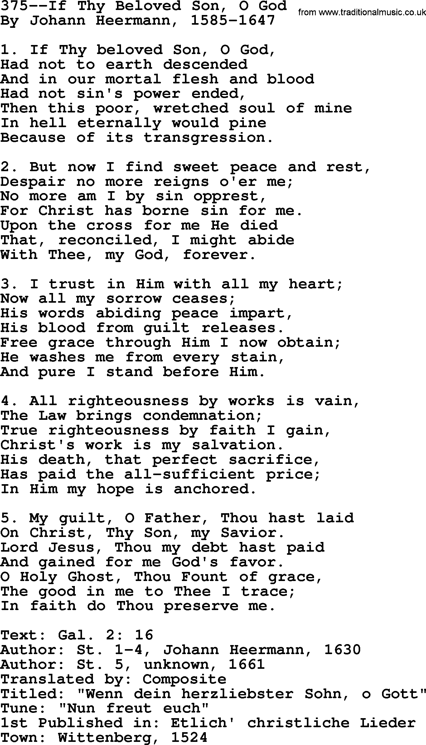Lutheran Hymn: 375--If Thy Beloved Son, O God.txt lyrics with PDF