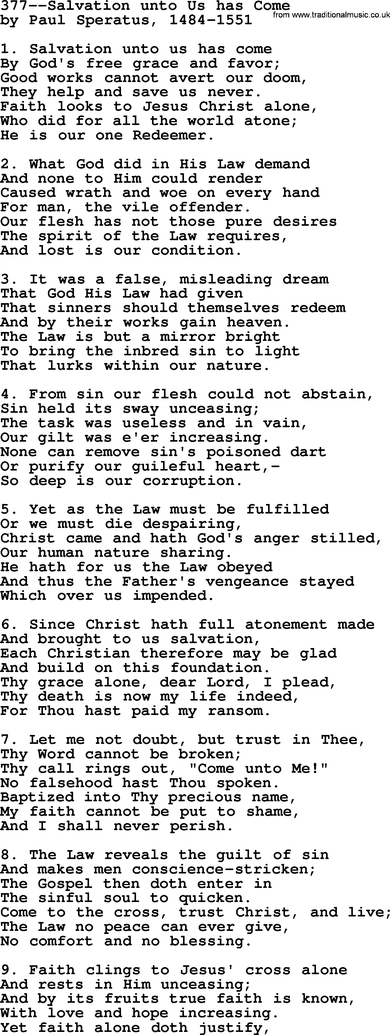 Lutheran Hymn: 377--Salvation unto Us has Come.txt lyrics with PDF