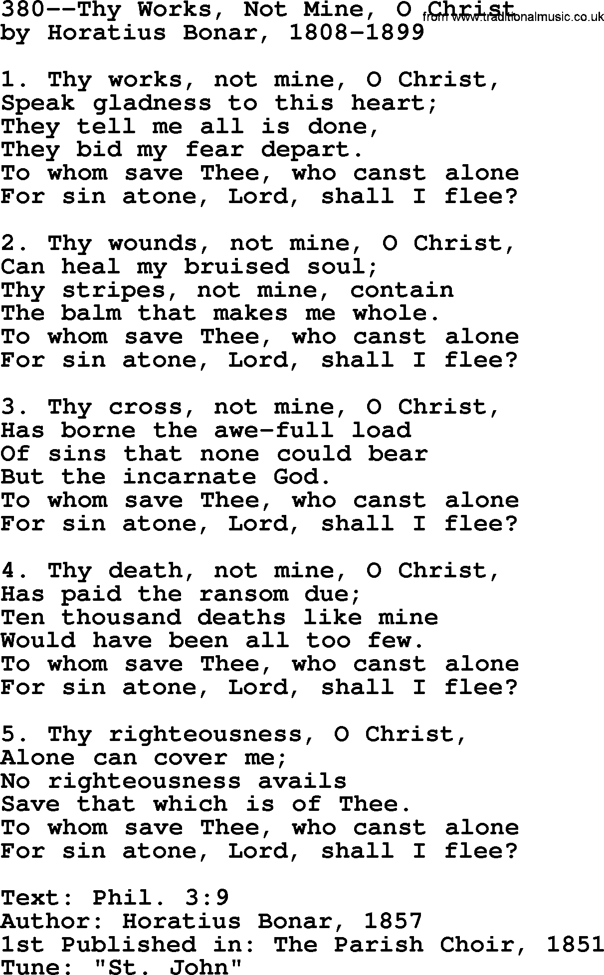 Lutheran Hymn: 380--Thy Works, Not Mine, O Christ.txt lyrics with PDF