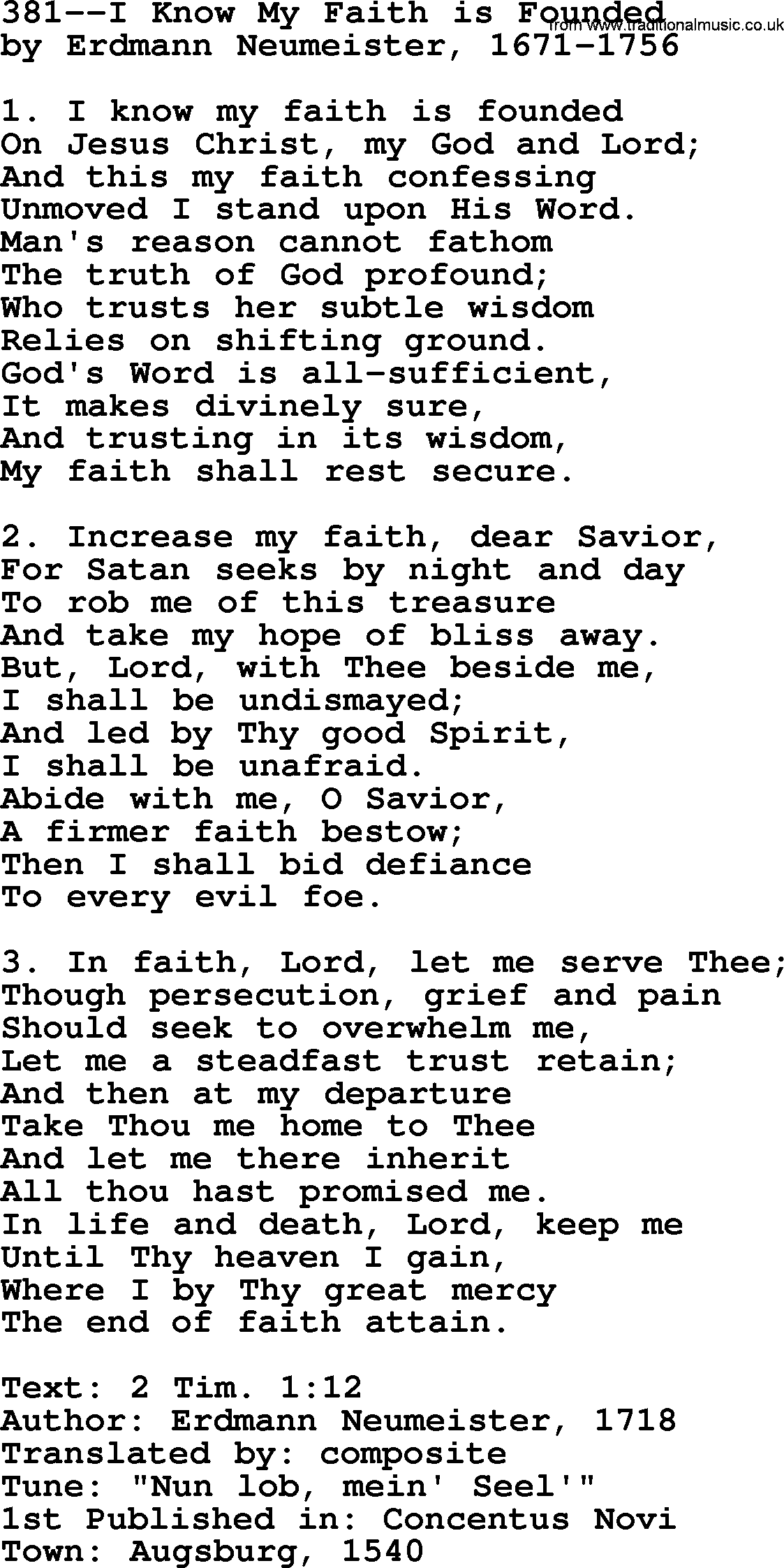Lutheran Hymn: 381--I Know My Faith is Founded.txt lyrics with PDF