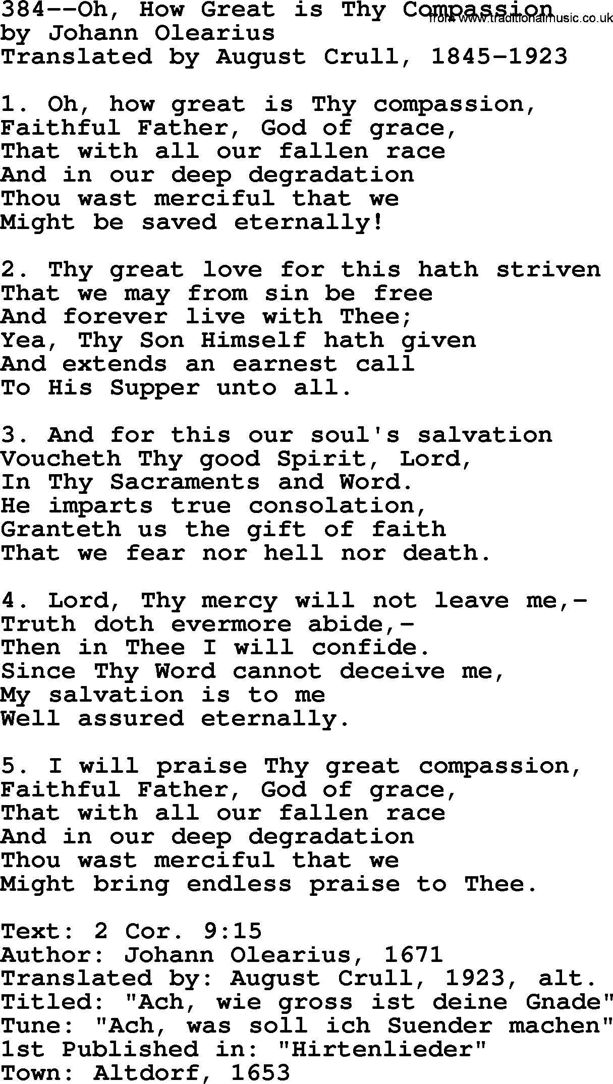 Lutheran Hymn: 384--Oh, How Great is Thy Compassion.txt lyrics with PDF