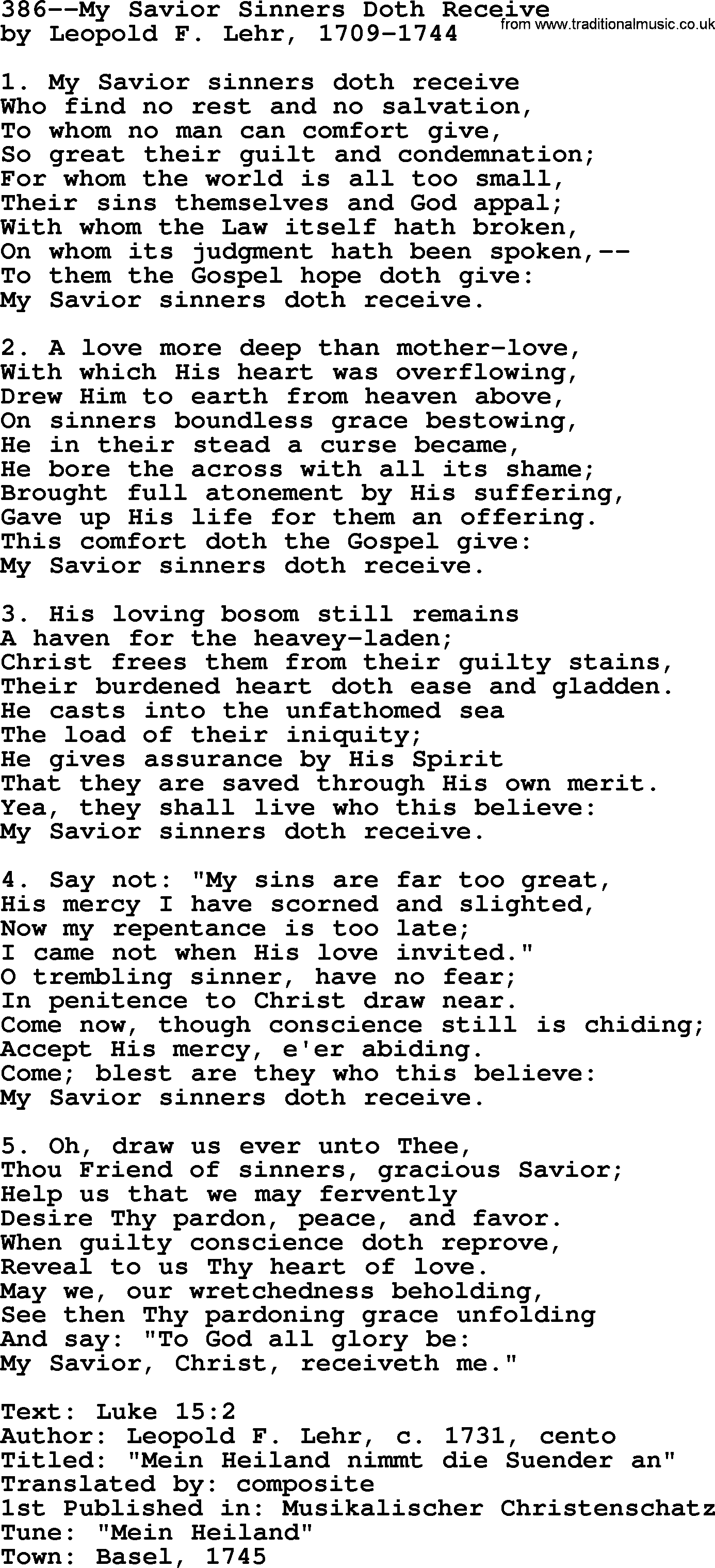 Lutheran Hymn: 386--My Savior Sinners Doth Receive.txt lyrics with PDF