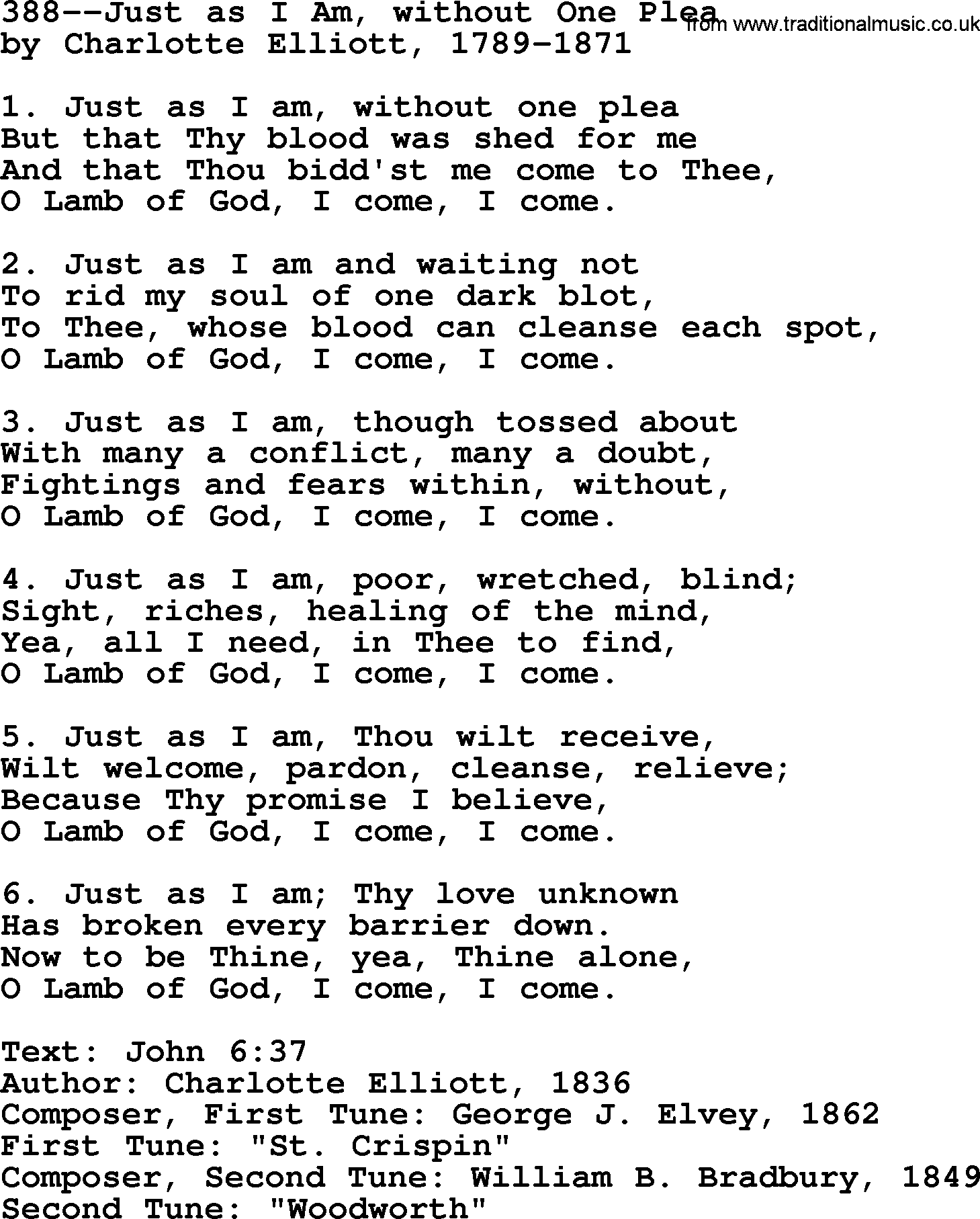 Lutheran Hymn: 388--Just as I Am, without One Plea.txt lyrics with PDF