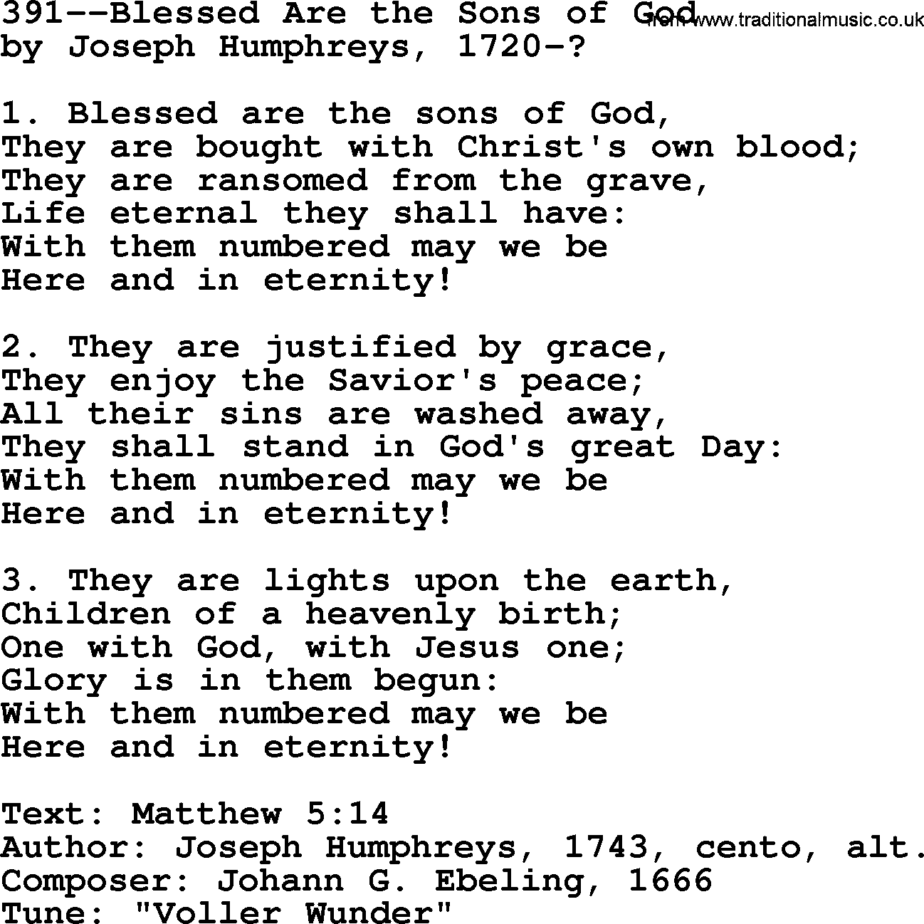 Lutheran Hymn: 391--Blessed Are the Sons of God.txt lyrics with PDF
