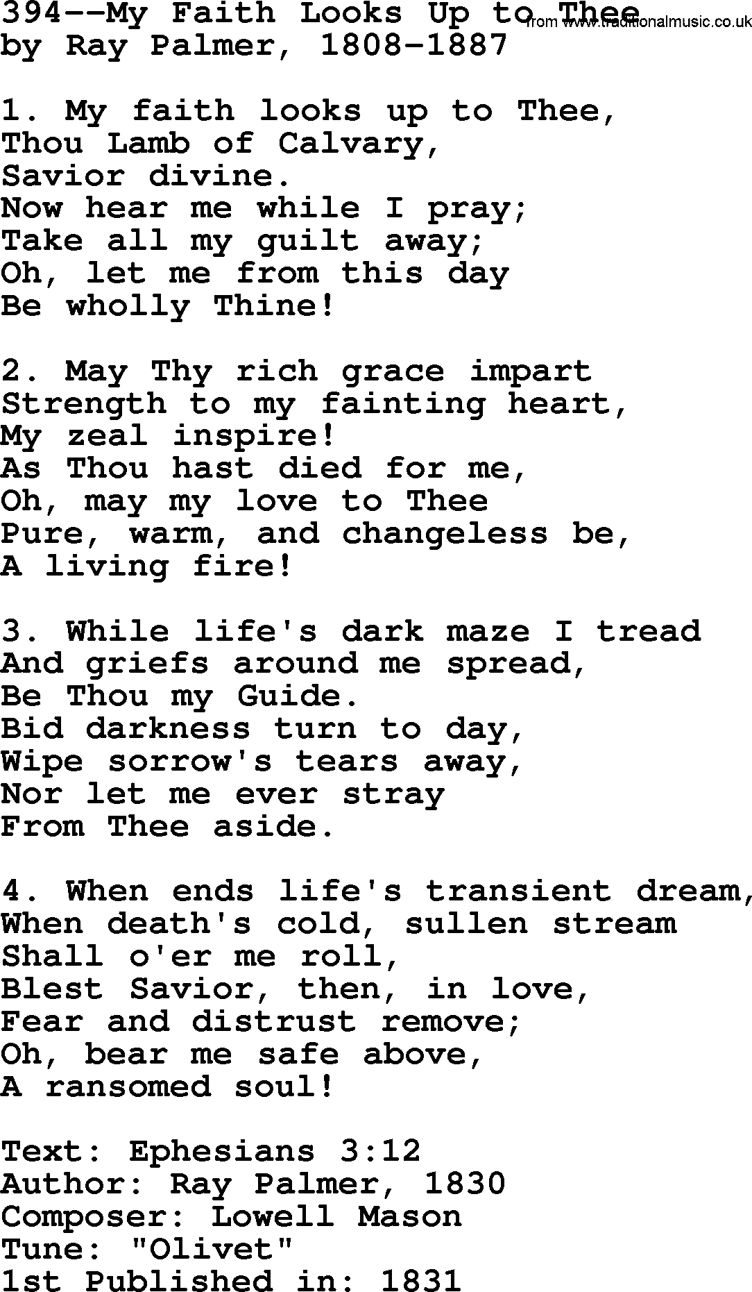 Lutheran Hymn: 394--My Faith Looks Up to Thee.txt lyrics with PDF