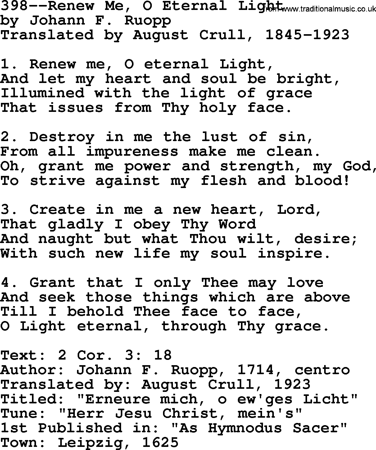 Lutheran Hymn: 398--Renew Me, O Eternal Light.txt lyrics with PDF