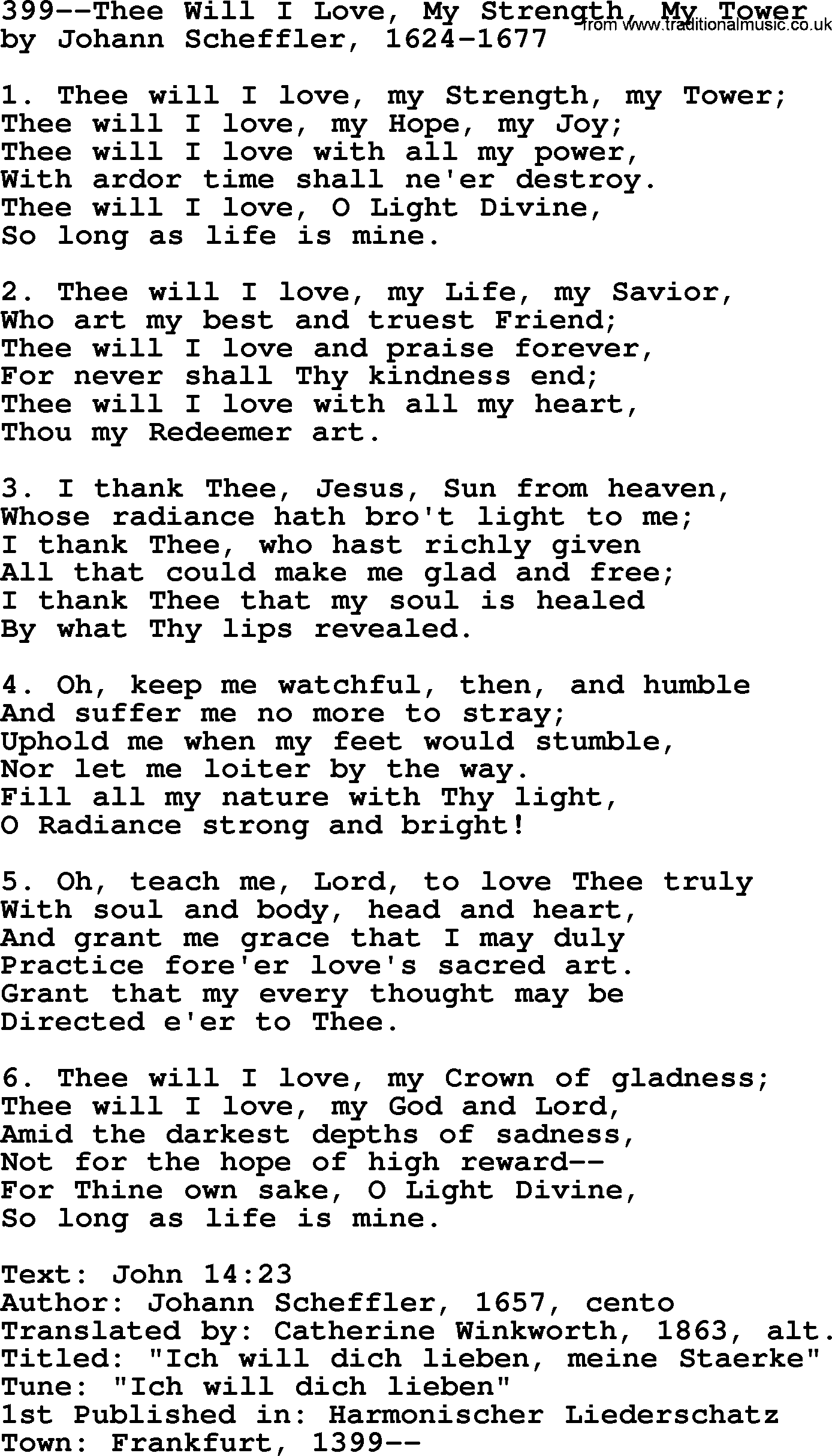 Lutheran Hymn: 399--Thee Will I Love, My Strength, My Tower.txt lyrics with PDF