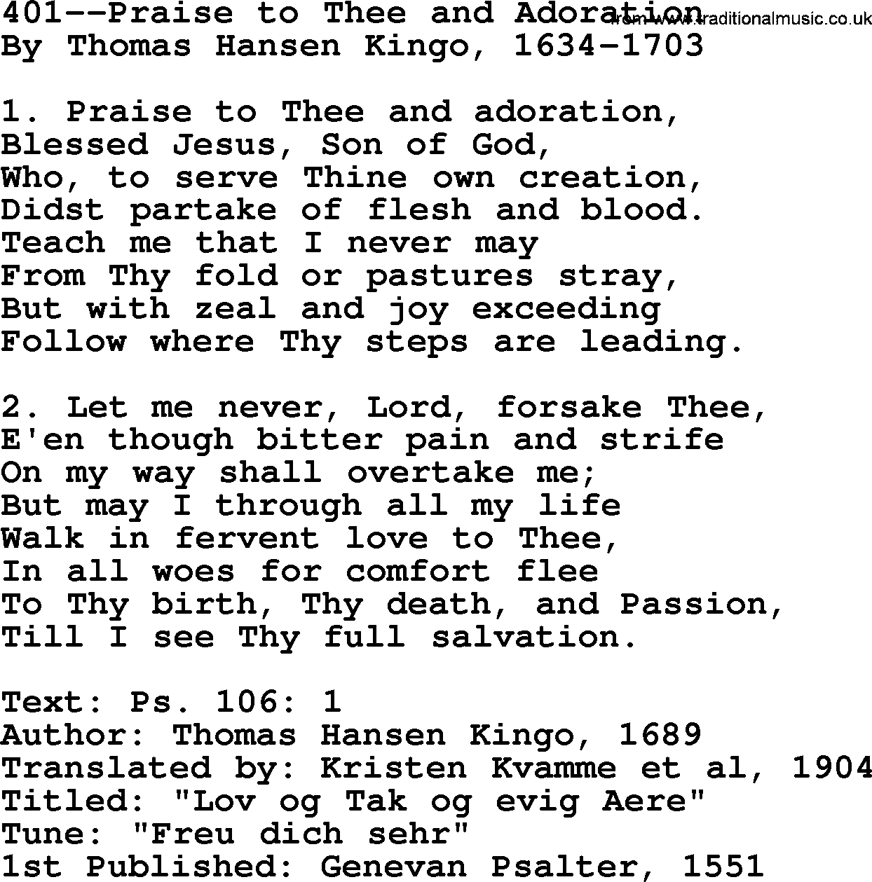 Lutheran Hymn: 401--Praise to Thee and Adoration.txt lyrics with PDF