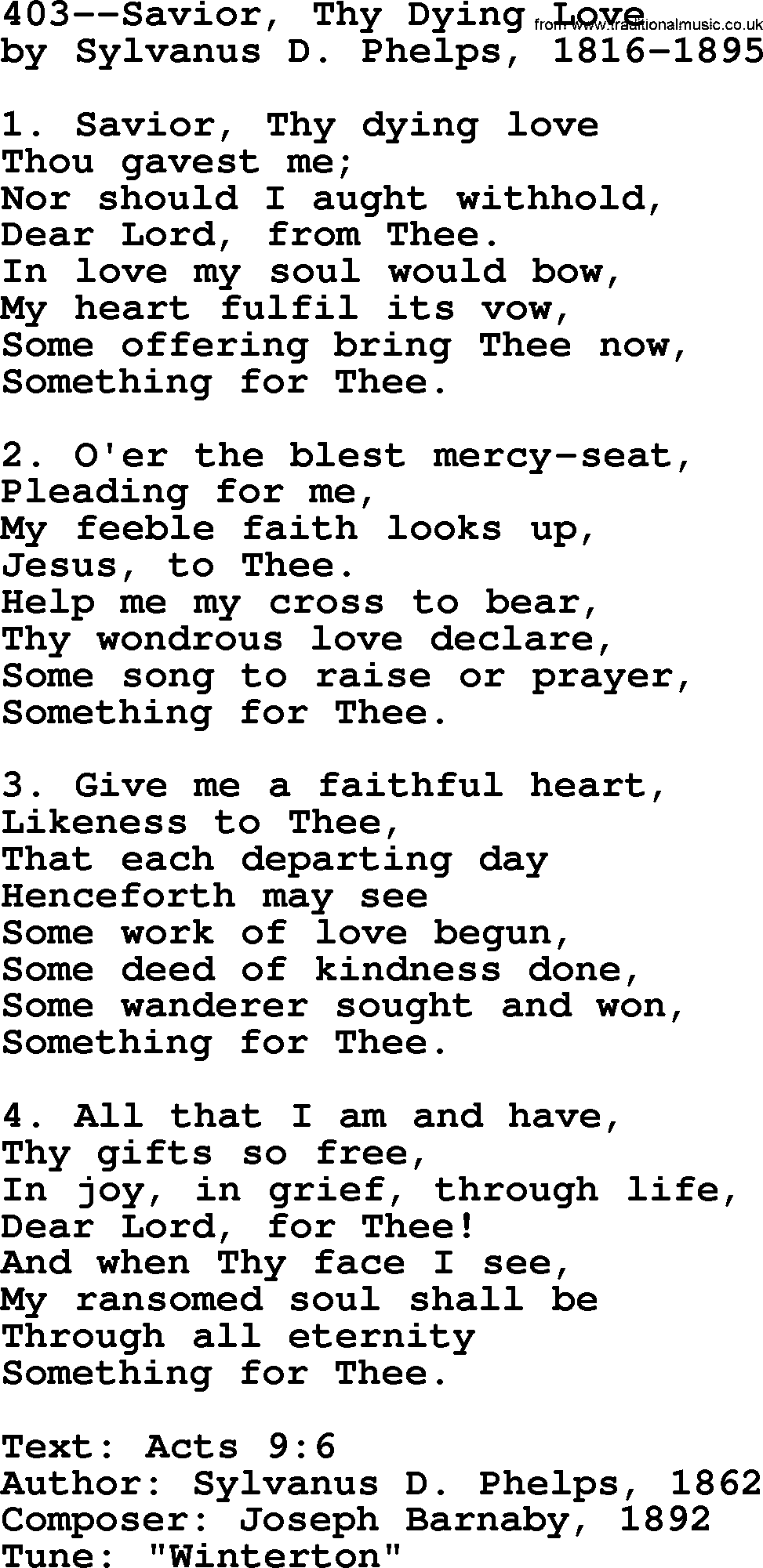 Lutheran Hymn: 403--Savior, Thy Dying Love.txt lyrics with PDF