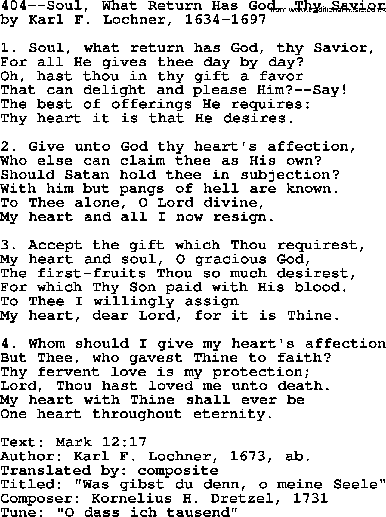 Lutheran Hymn: 404--Soul, What Return Has God, Thy Savior.txt lyrics with PDF