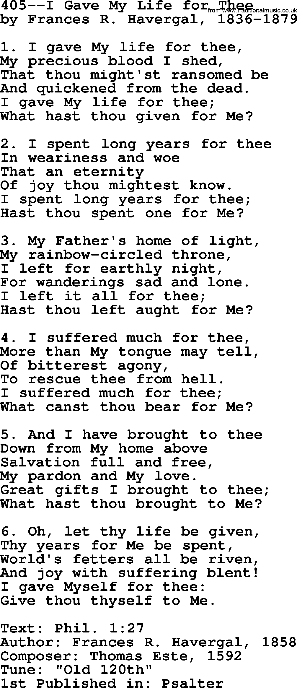 Lutheran Hymn: 405--I Gave My Life for Thee.txt lyrics with PDF